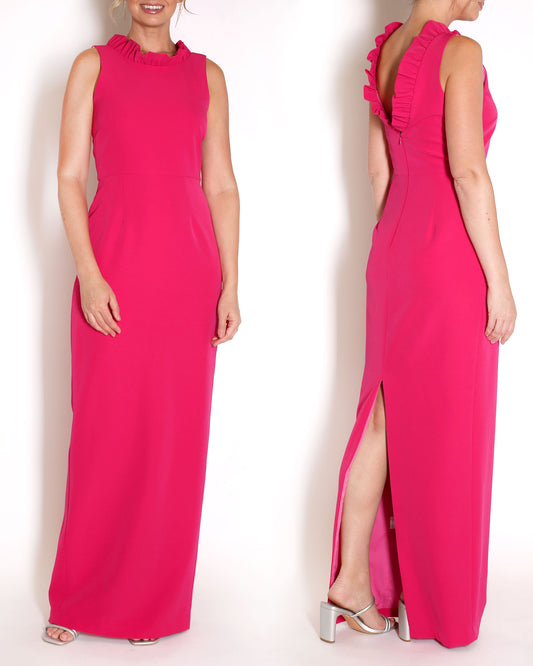 A floor-length sleeveless Berry gown with a ruffle neckline and a V-back detail, featuring a sheath silhouette made of stretch crepe fabric.