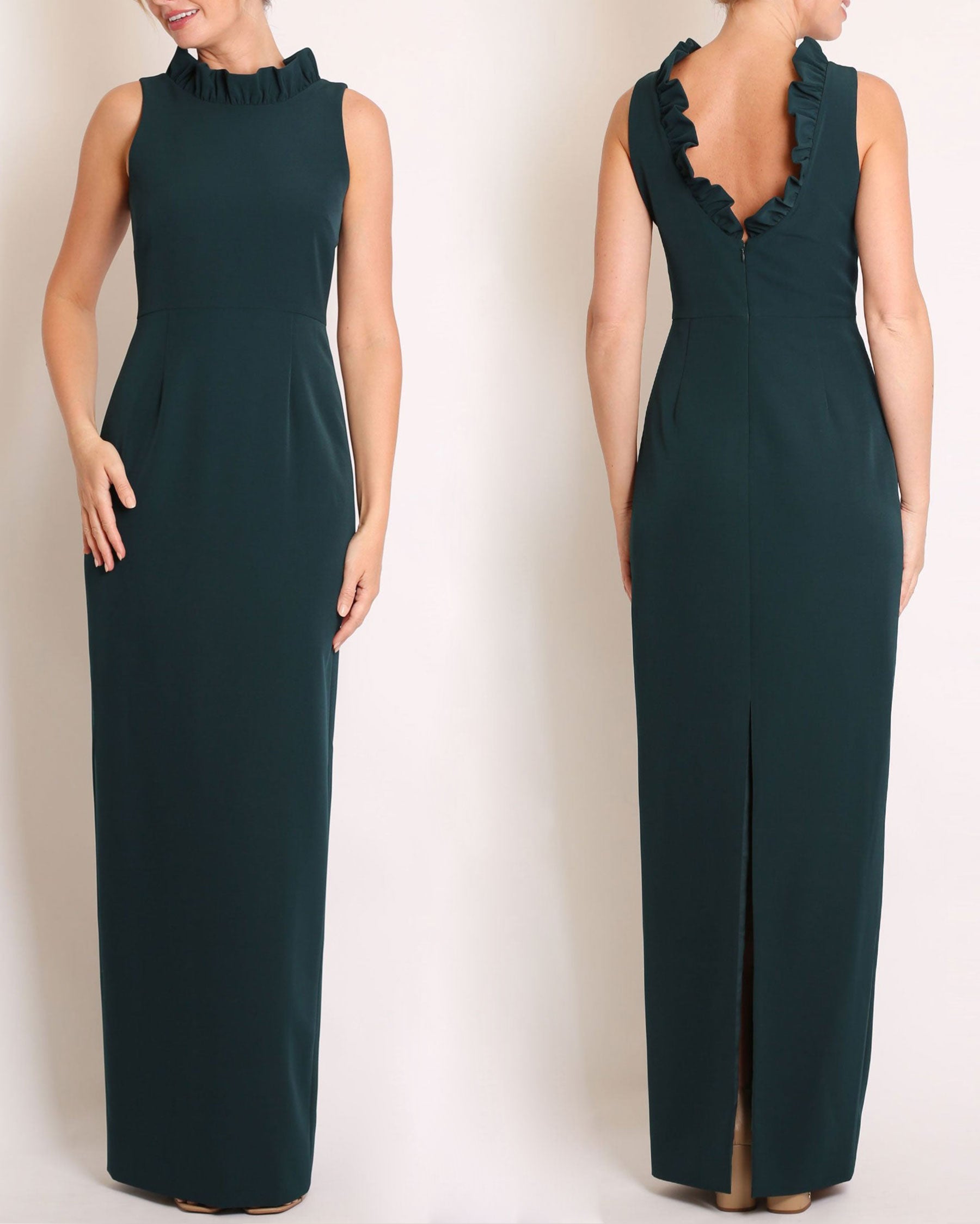 A floor-length sleeveless Evergreen gown with a ruffle neckline and a V-back detail, featuring a sheath silhouette made of stretch crepe fabric.