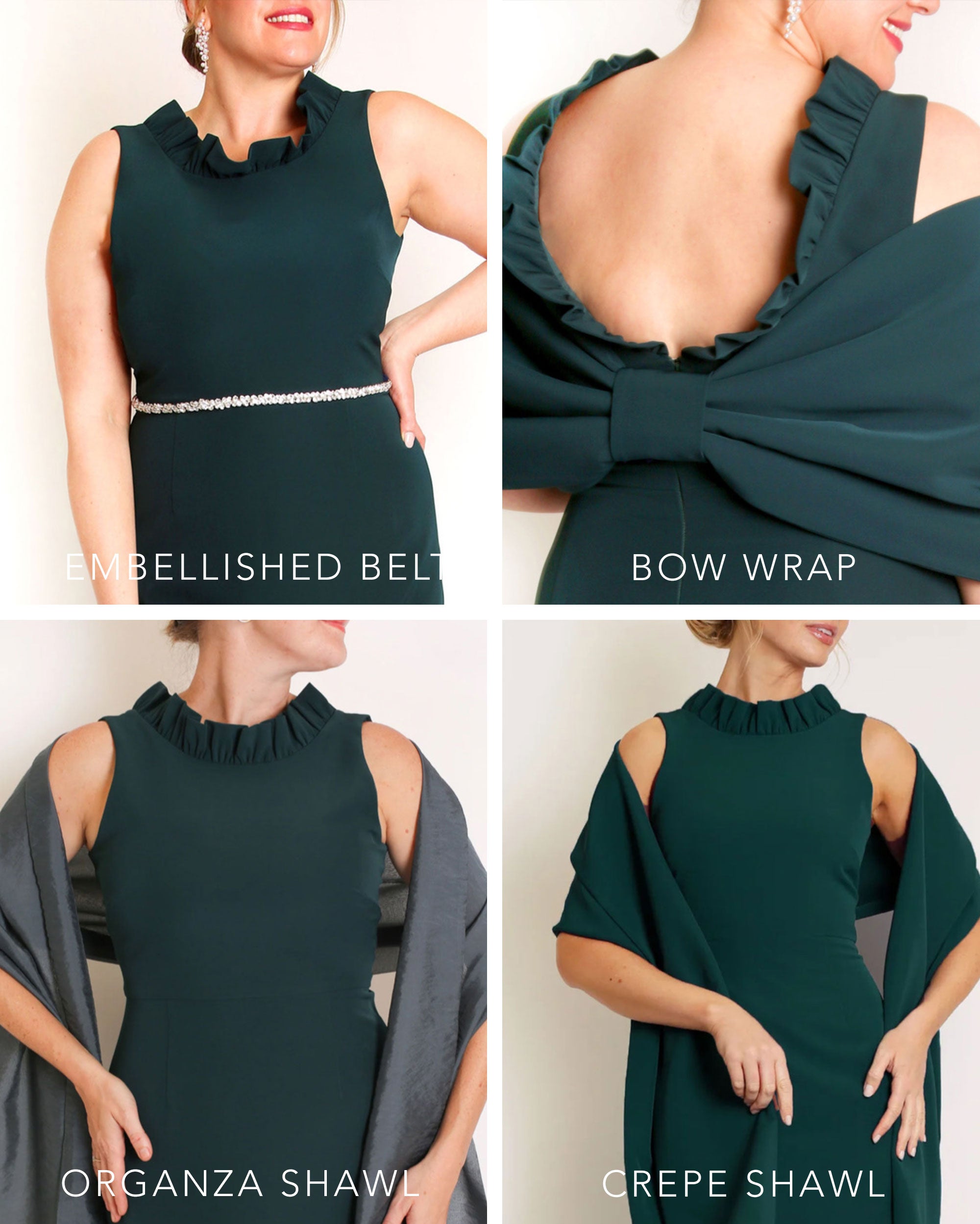 A floor-length sleeveless Evergreen gown with a ruffle neckline and a V-back detail, featuring a sheath silhouette made of stretch crepe fabric.