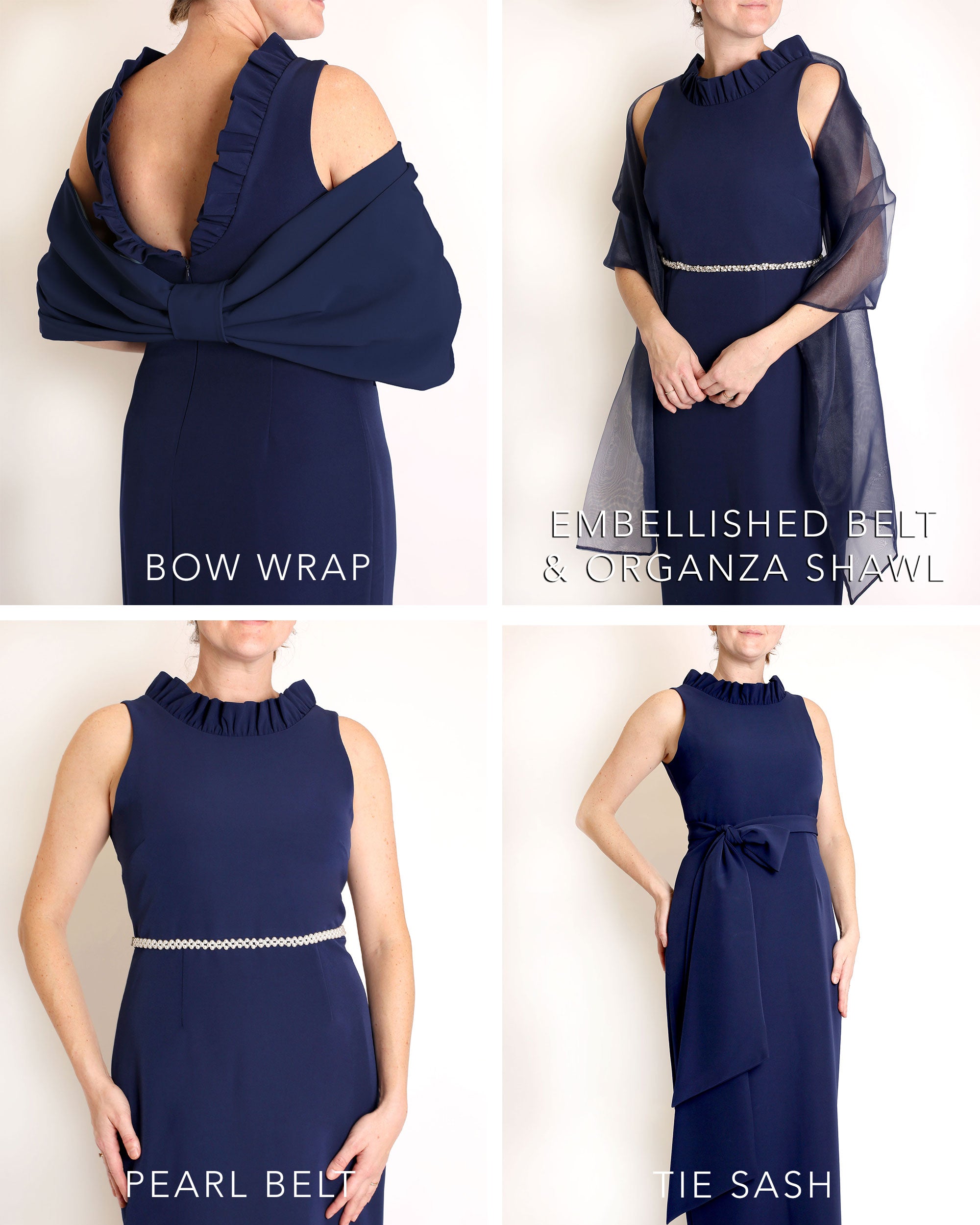 A floor-length sleeveless Navy gown with a ruffle neckline and a V-back detail, featuring a sheath silhouette made of stretch crepe fabric.