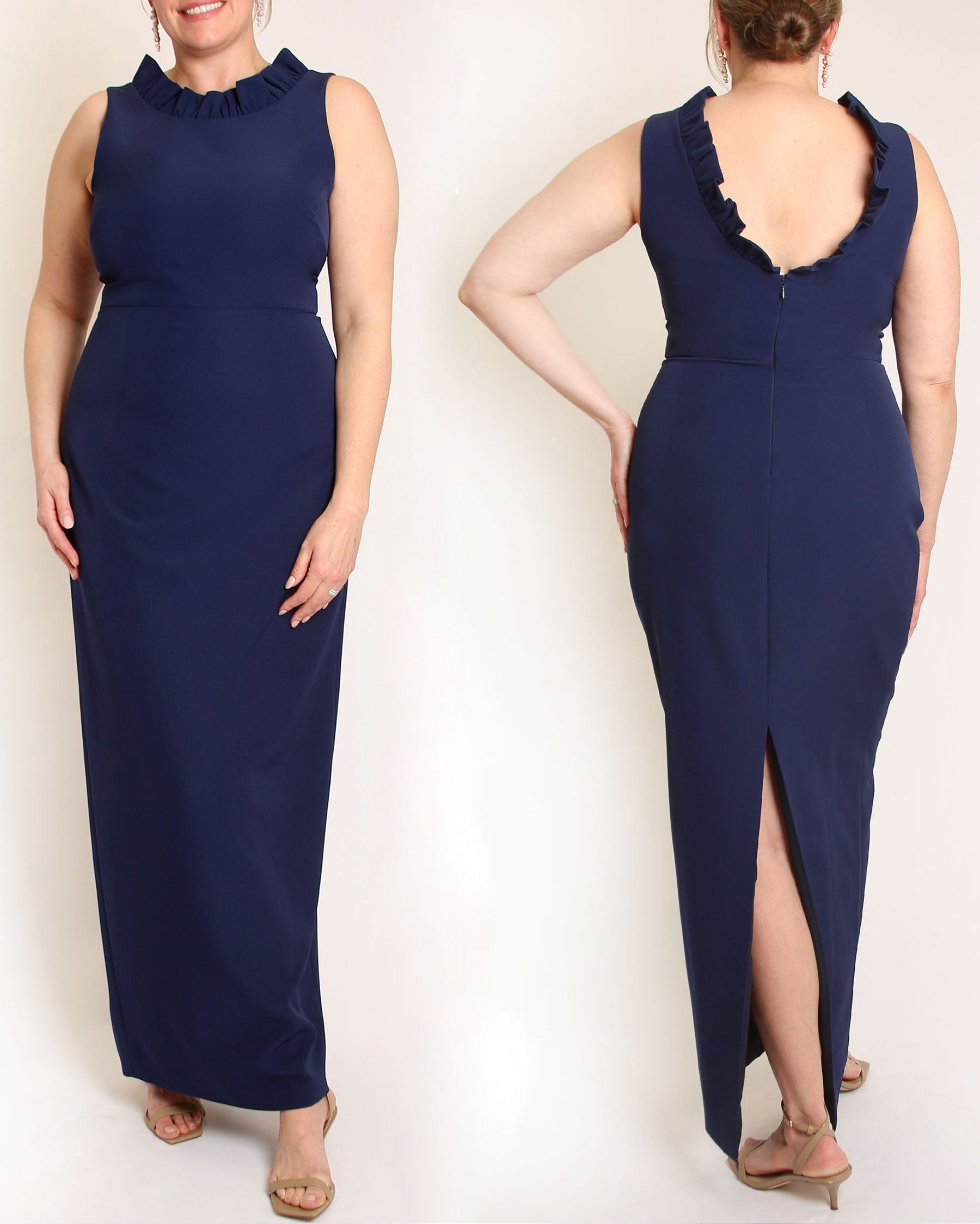 A floor-length sleeveless Navy gown with a ruffle neckline and a V-back detail, featuring a sheath silhouette made of stretch crepe fabric.
