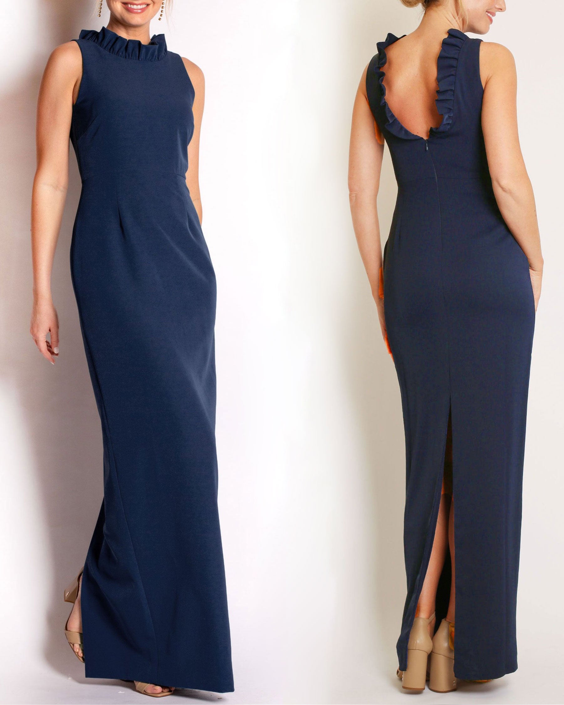A floor-length sleeveless Navy gown with a ruffle neckline and a V-back detail, featuring a sheath silhouette made of stretch crepe fabric.