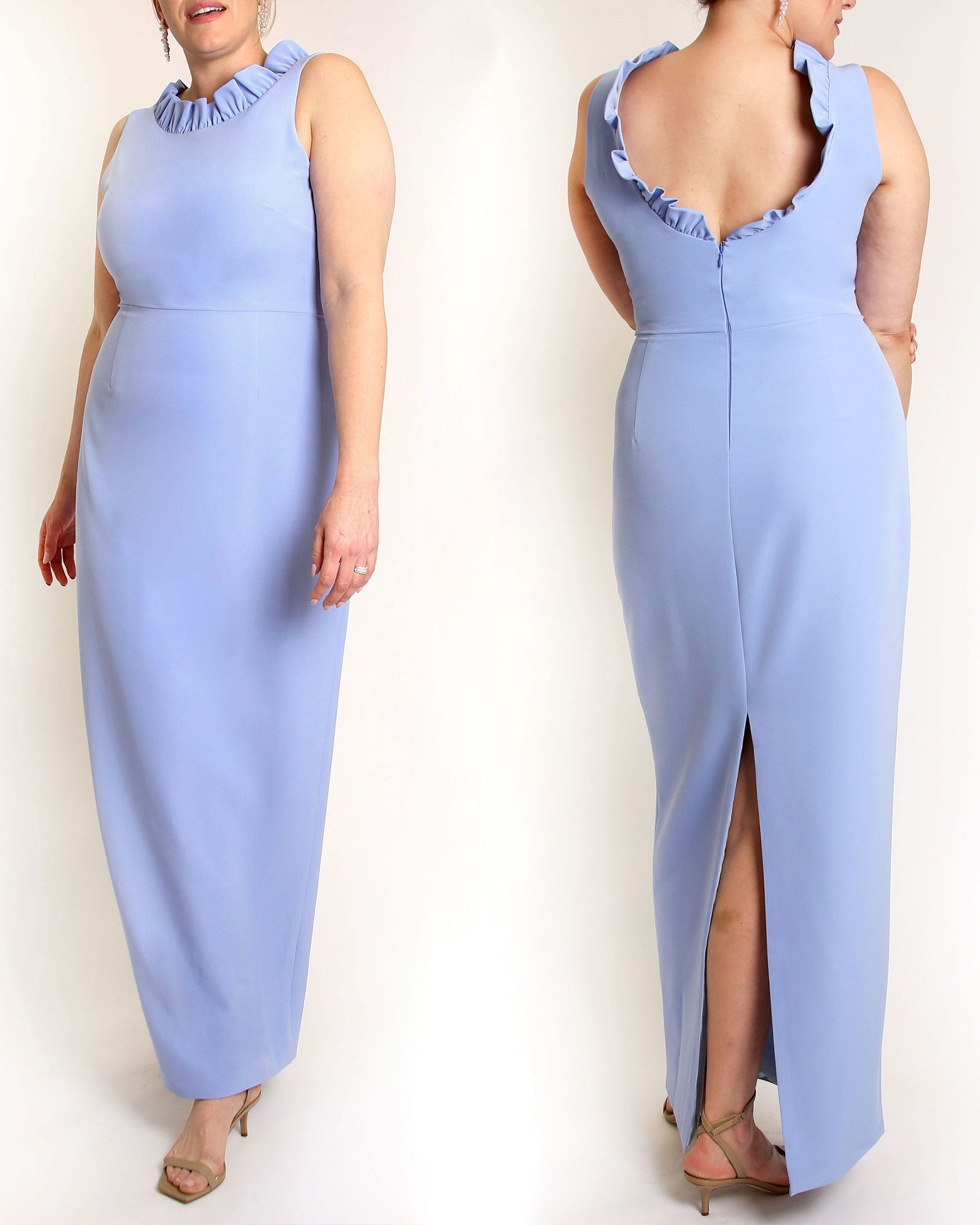 A floor-length sleeveless periwinkle gown with a ruffle neckline and a V-back detail, featuring a sheath silhouette made of stretch crepe fabric.