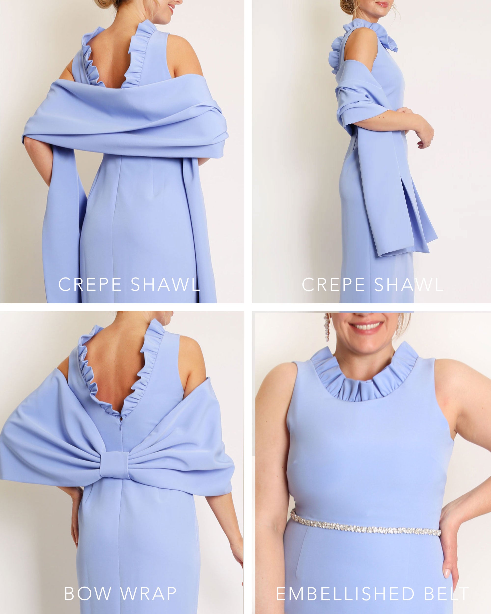 A floor-length sleeveless periwinkle gown with a ruffle neckline and a V-back detail, featuring a sheath silhouette made of stretch crepe fabric.