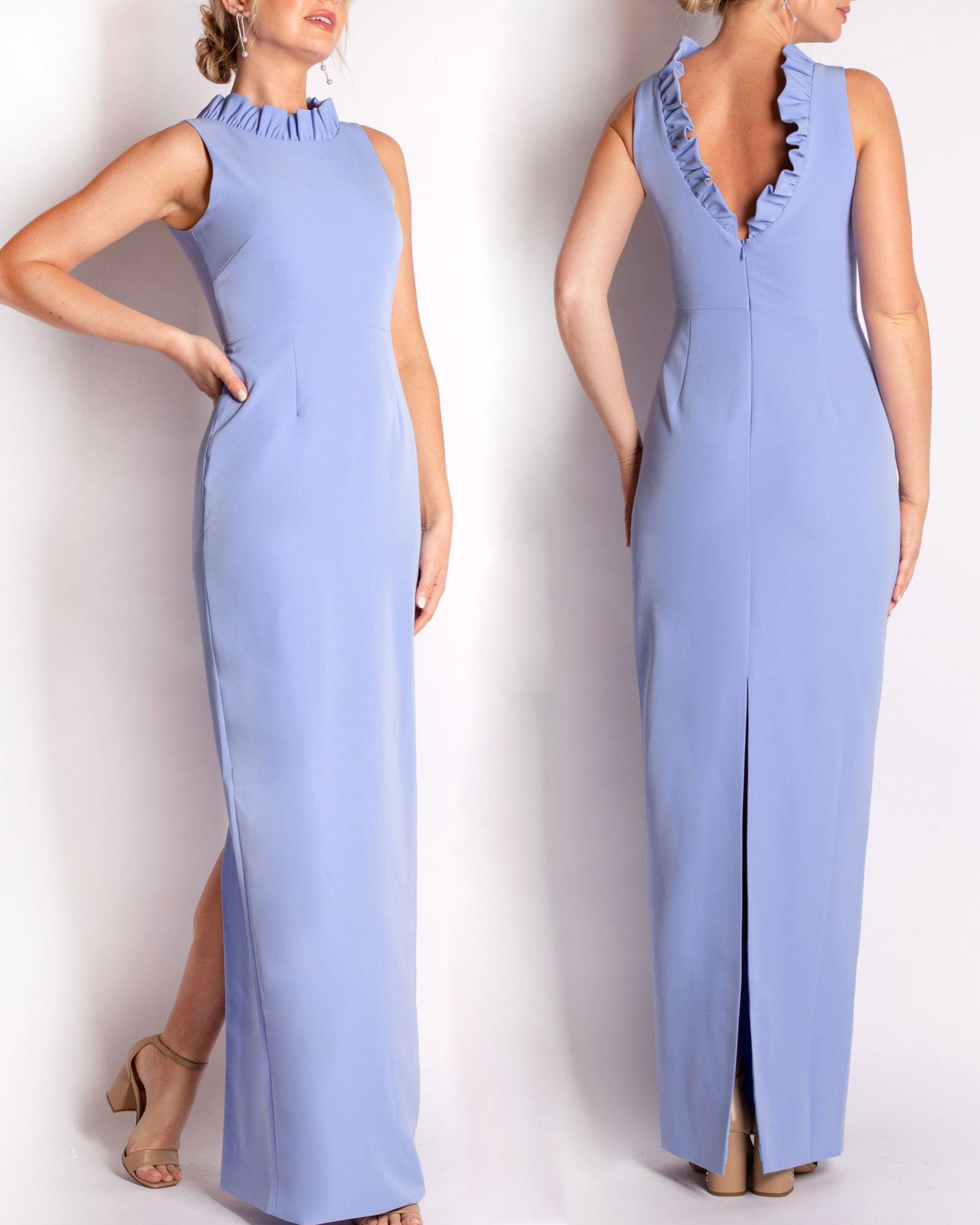 A floor-length sleeveless periwinkle gown with a ruffle neckline and a V-back detail, featuring a sheath silhouette made of stretch crepe fabric.