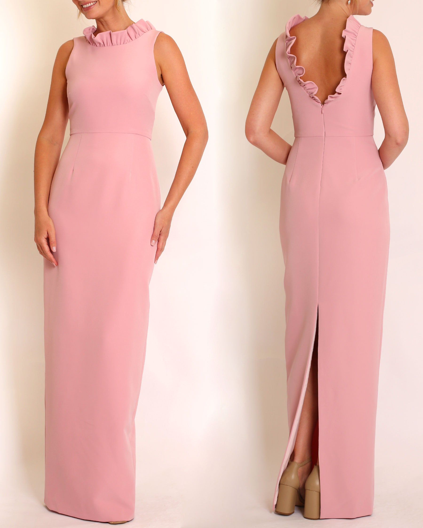 A floor-length sleeveless Rose gown with a ruffle neckline and a V-back detail, featuring a sheath silhouette made of stretch crepe fabric.
