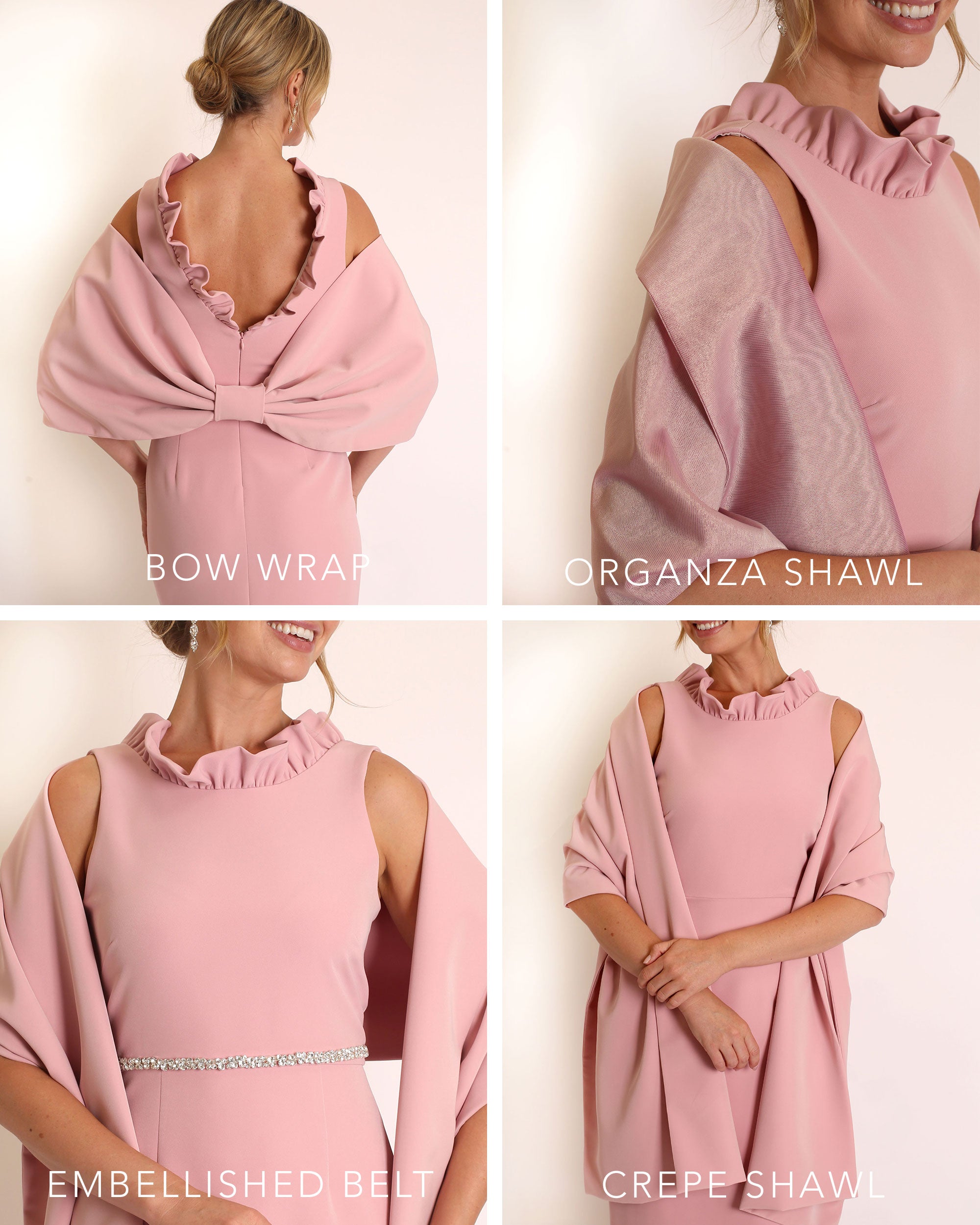 A floor-length sleeveless Rose gown with a ruffle neckline and a V-back detail, featuring a sheath silhouette made of stretch crepe fabric.