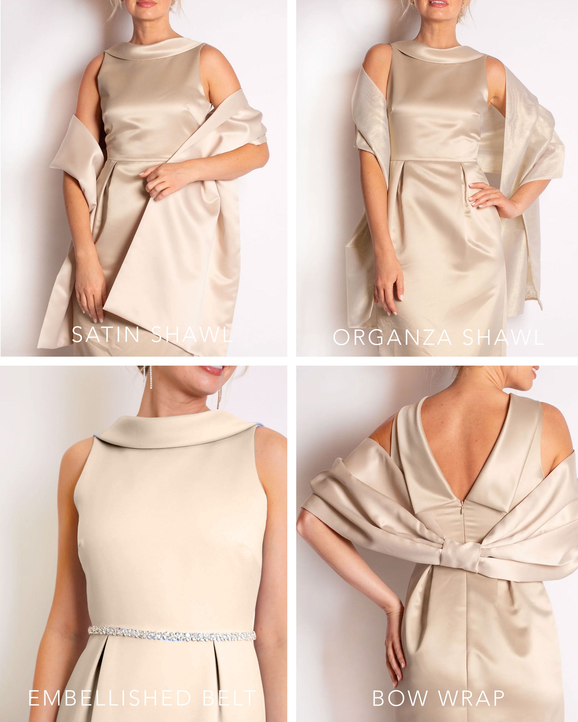 A floor-length sleeveless Champagne Satin gown with a rolled collar neckline and a V-back detail.