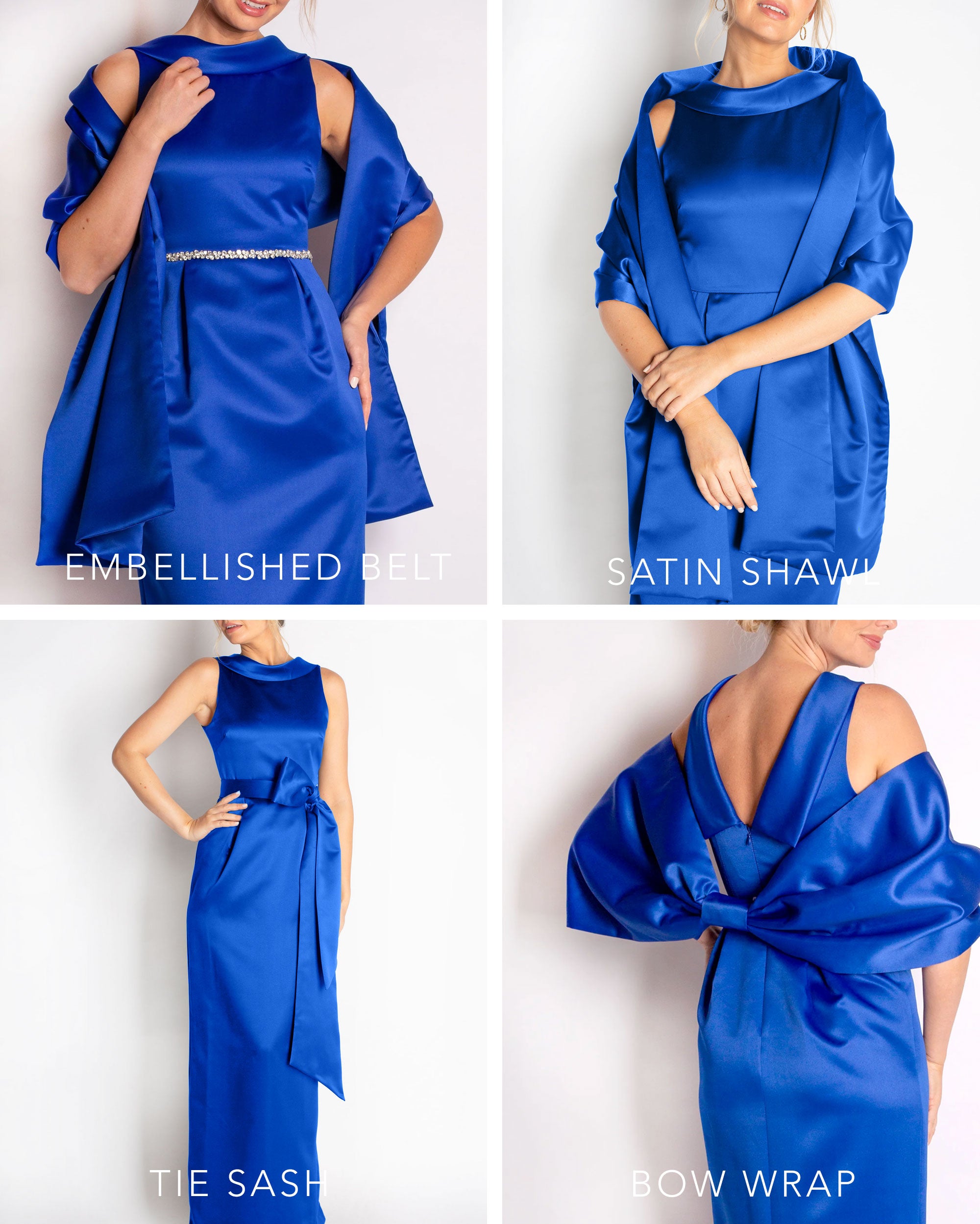 A floor-length sleeveless Royal Blue Cobalt Satin gown with a rolled collar neckline and a V-back detail.