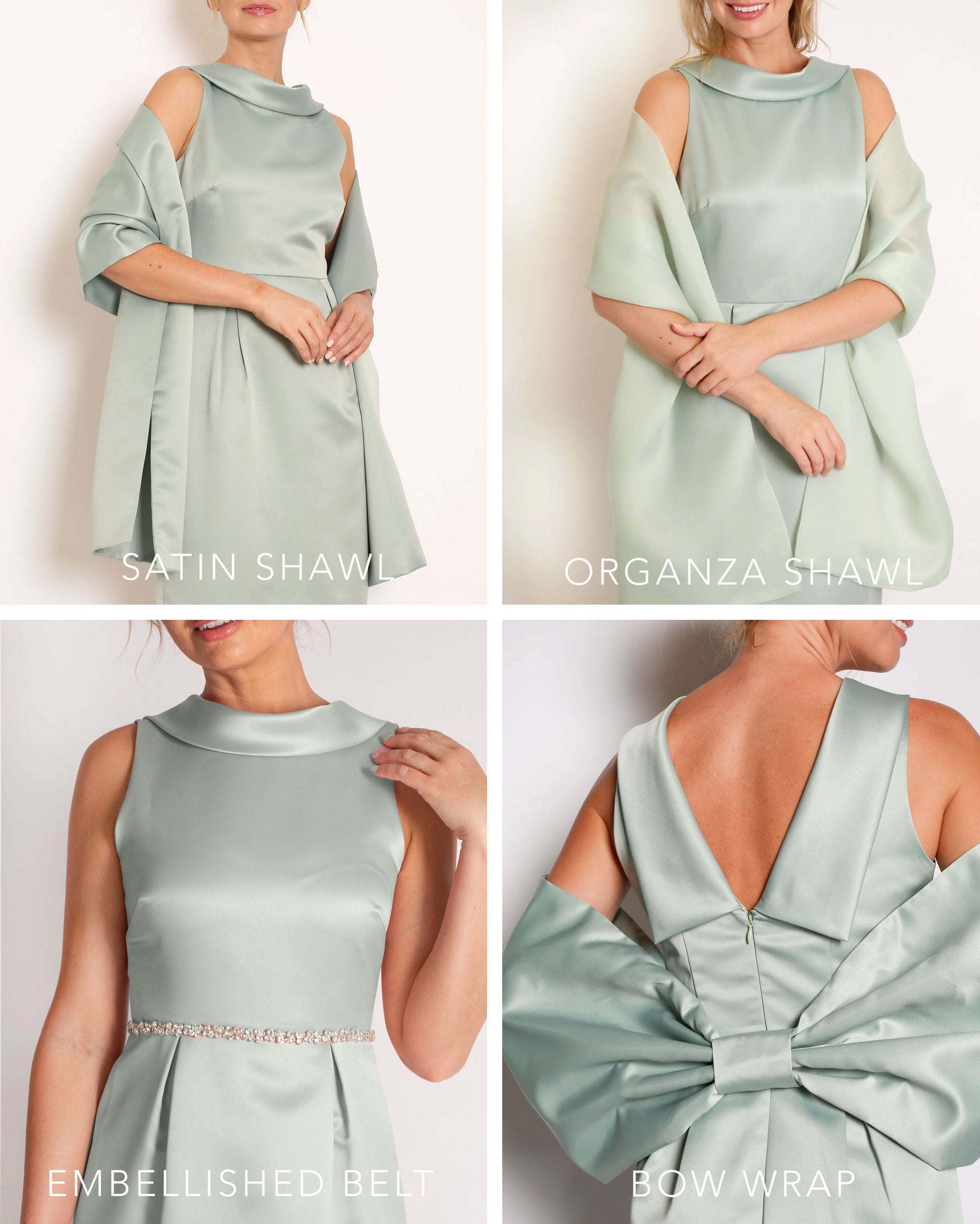 A floor-length sleeveless Eucalyptus Satin gown with a rolled collar neckline and a V-back detail.