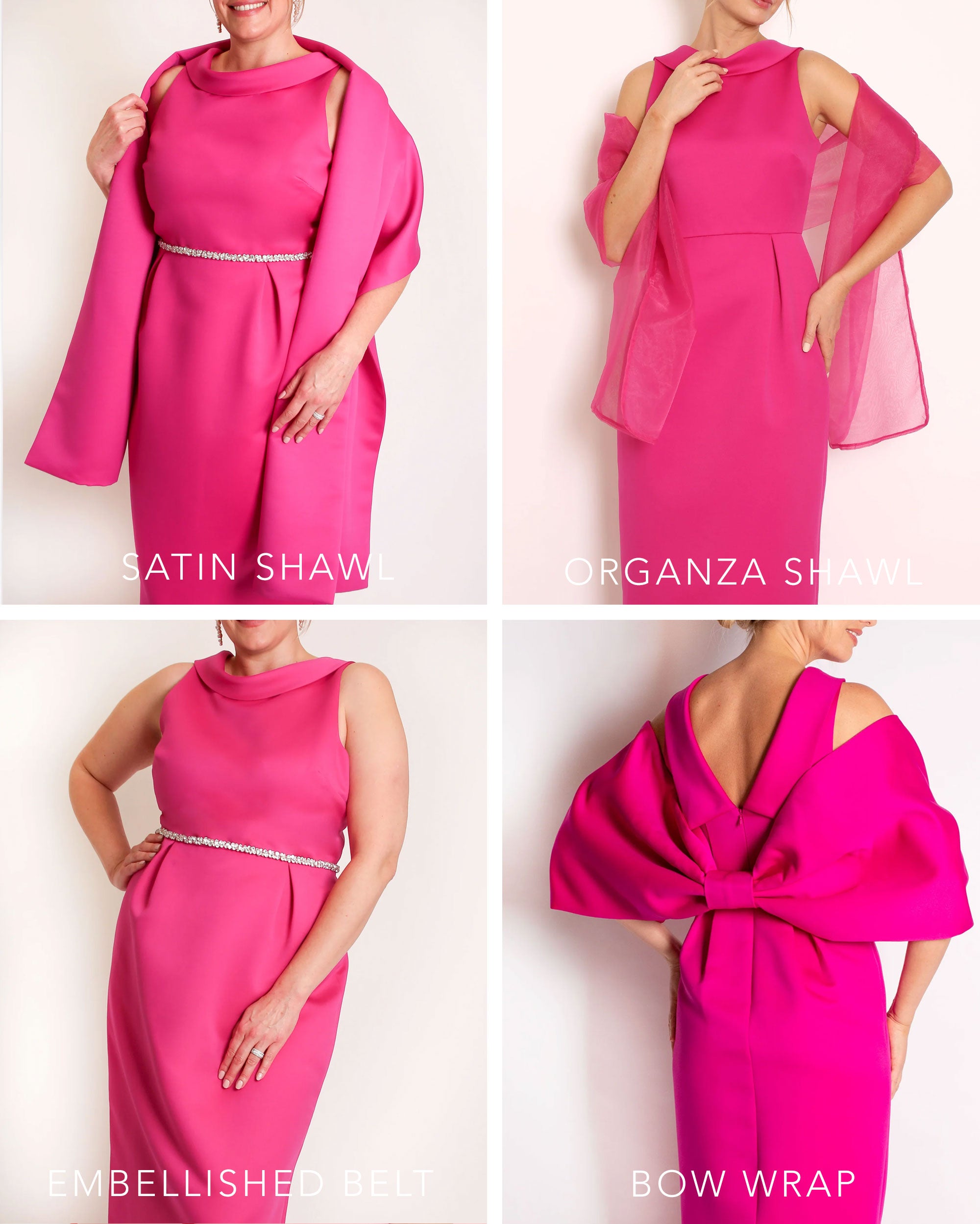 A floor-length sleeveless Fuchsia Matte Satin gown with a rolled collar neckline and a V-back detail.