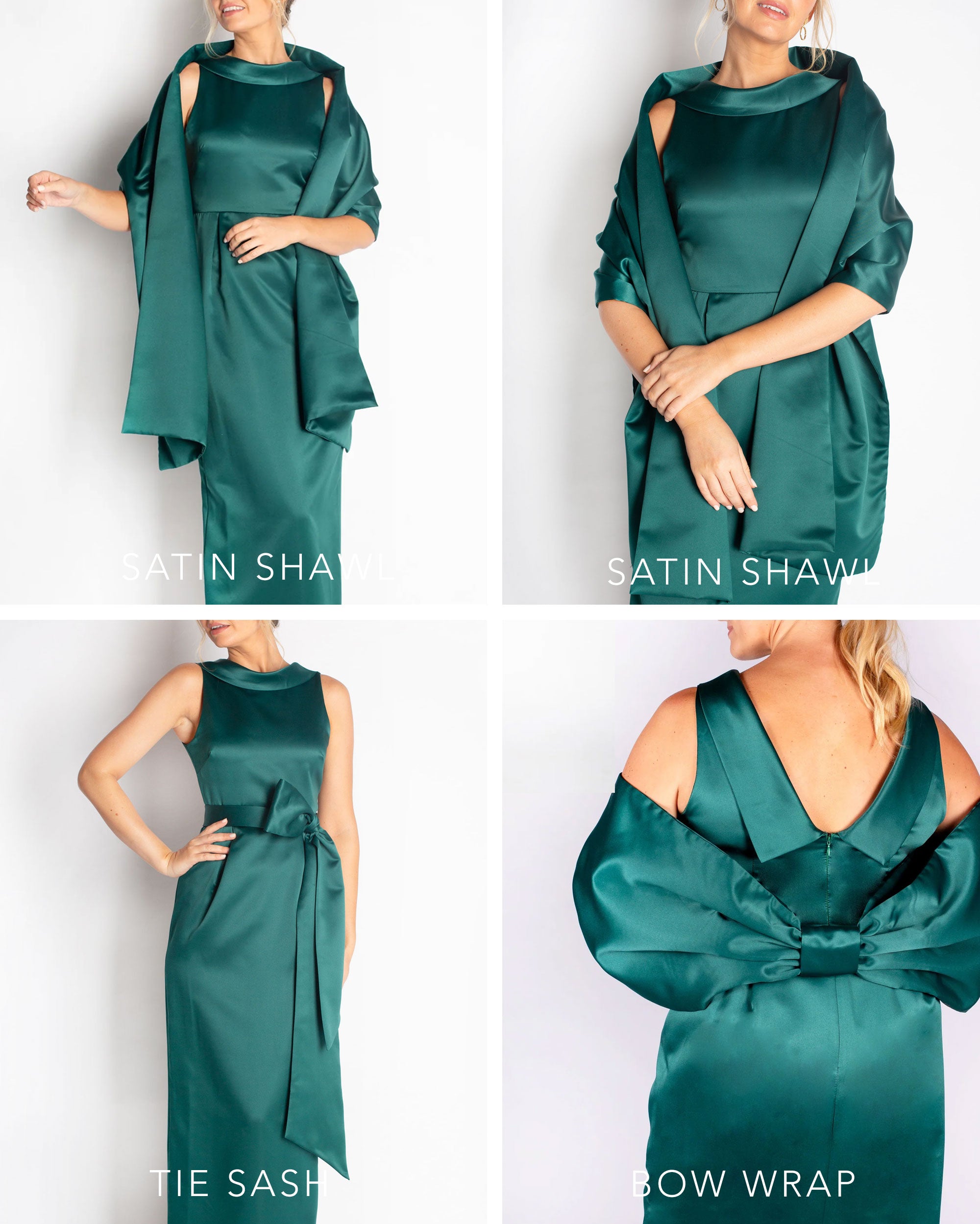 A floor-length sleeveless Hunter Green Satin gown with a rolled collar neckline and a V-back detail.