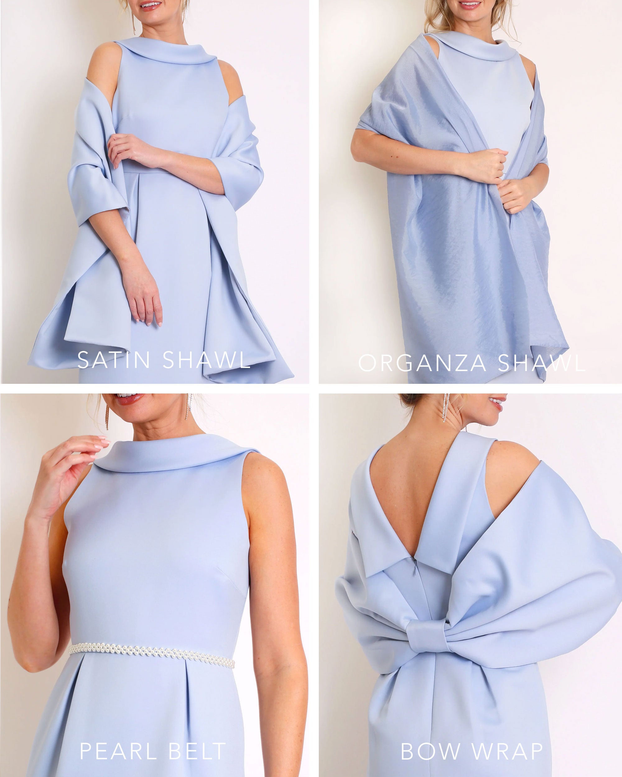 A floor-length sleeveless Light Blue Matte Satin gown with a rolled collar neckline and a V-back detail.