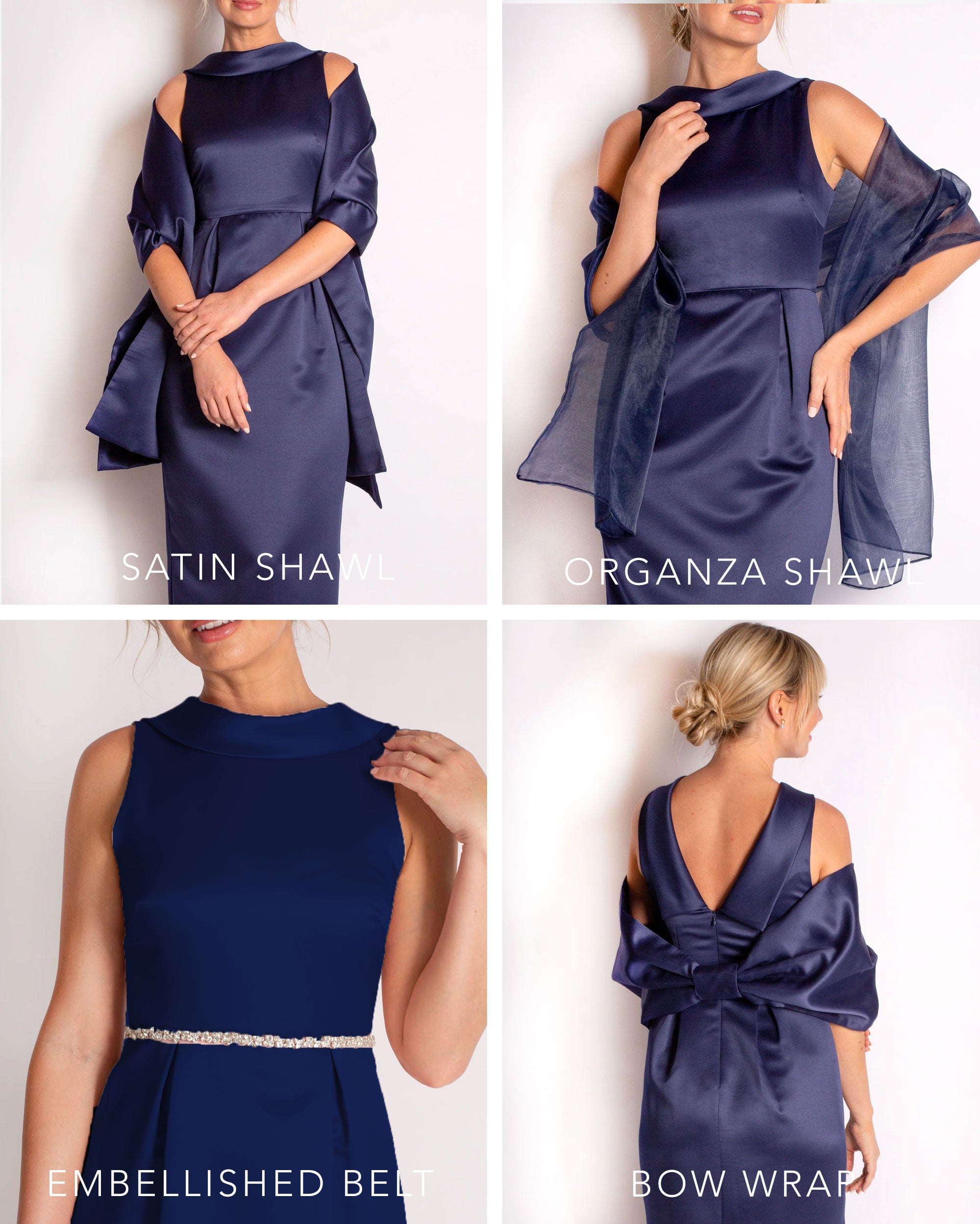 A floor-length sleeveless Navy Satin gown with a rolled collar neckline and a V-back detail.