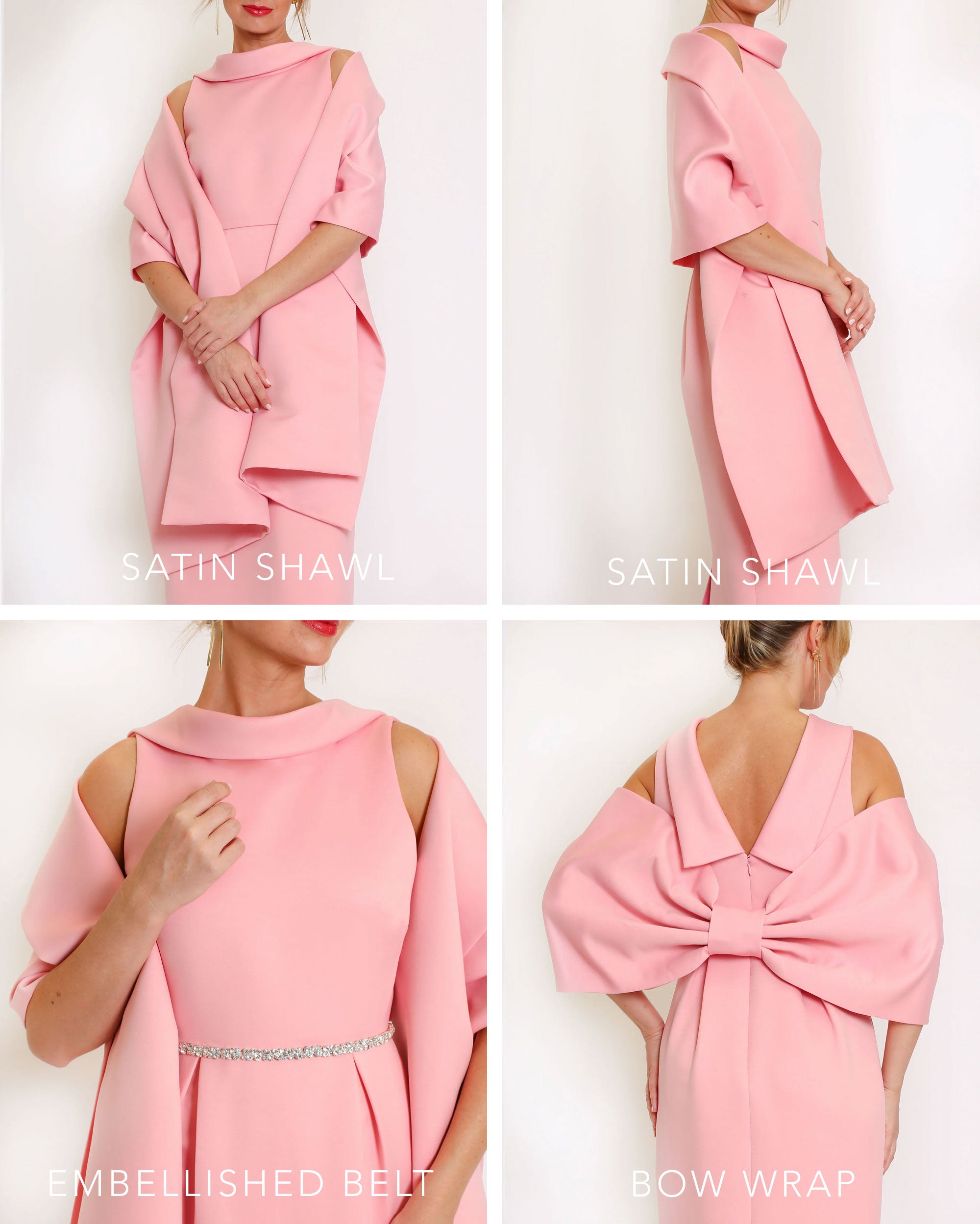 A floor-length sleeveless Pink Matte Satin gown with a rolled collar neckline and a V-back detail.
