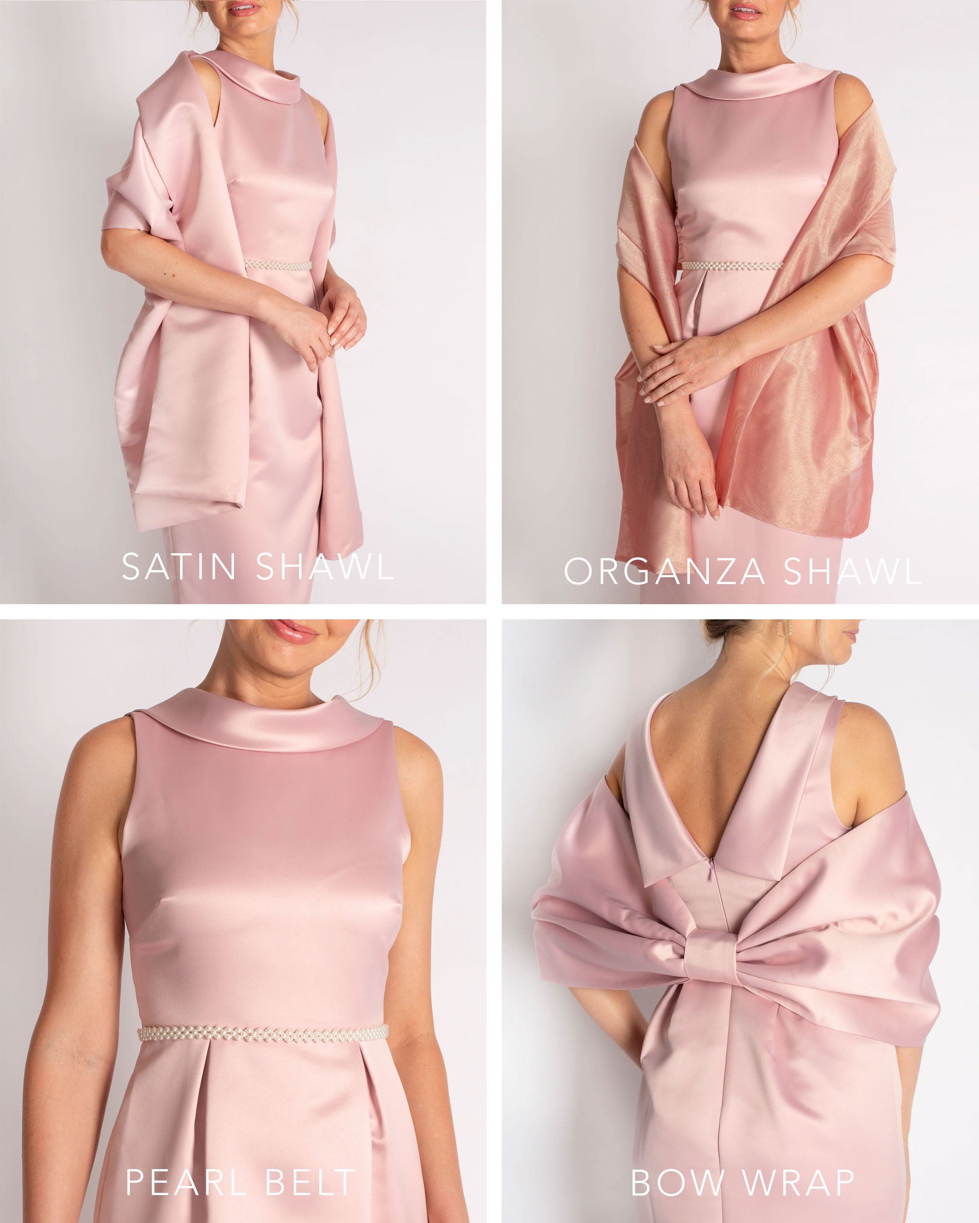A floor-length sleeveless Rose Satin gown with a rolled collar neckline and a V-back detail.