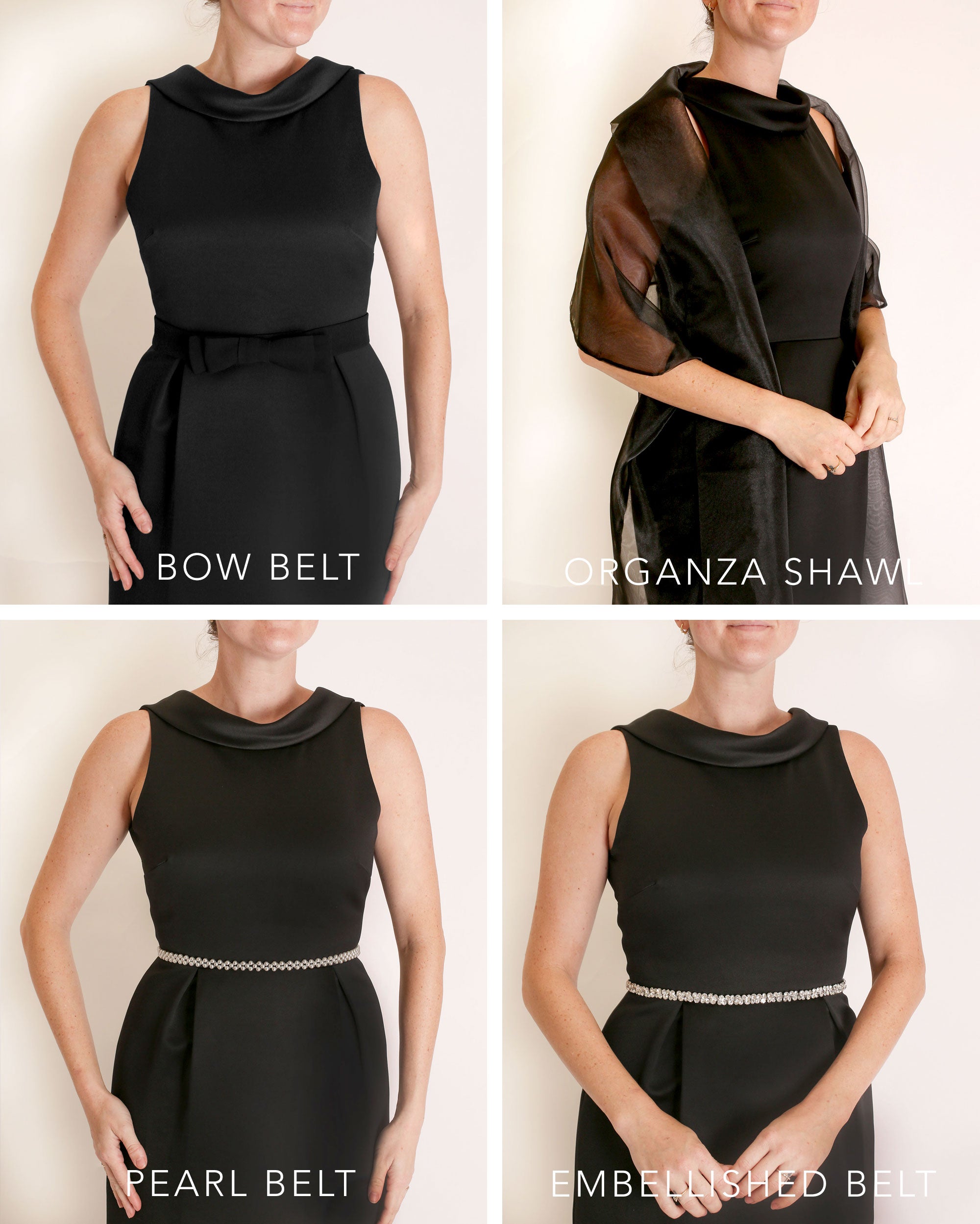 A floor-length sleeveless Black Matte Satin gown with a rolled collar neckline and a V-back detail.