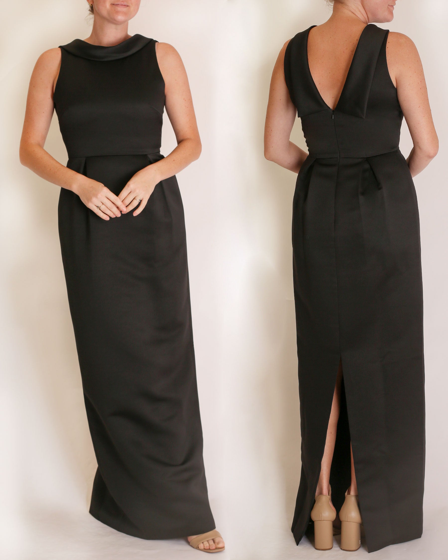 A floor-length sleeveless Black Matte Satin gown with a rolled collar neckline and a V-back detail.