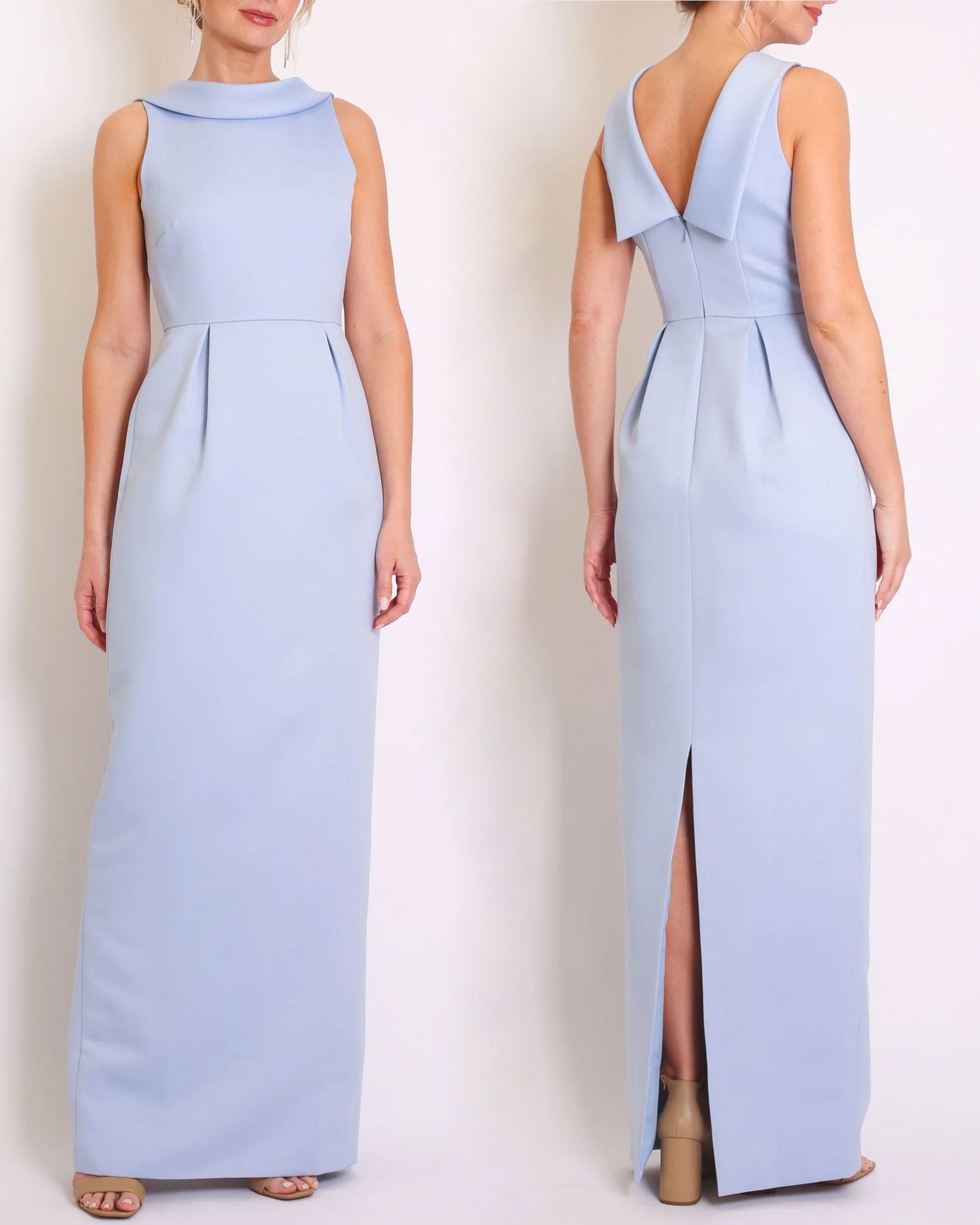 A floor-length sleeveless Light Blue Matte Satin gown with a rolled collar neckline and a V-back detail.