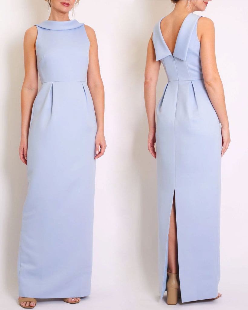 A floor-length sleeveless Light Blue Matte Satin gown with a rolled collar neckline and a V-back detail.
