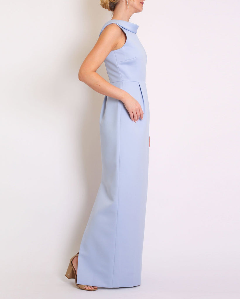 A floor-length sleeveless Light Blue Matte Satin gown with a rolled collar neckline and a V-back detail.