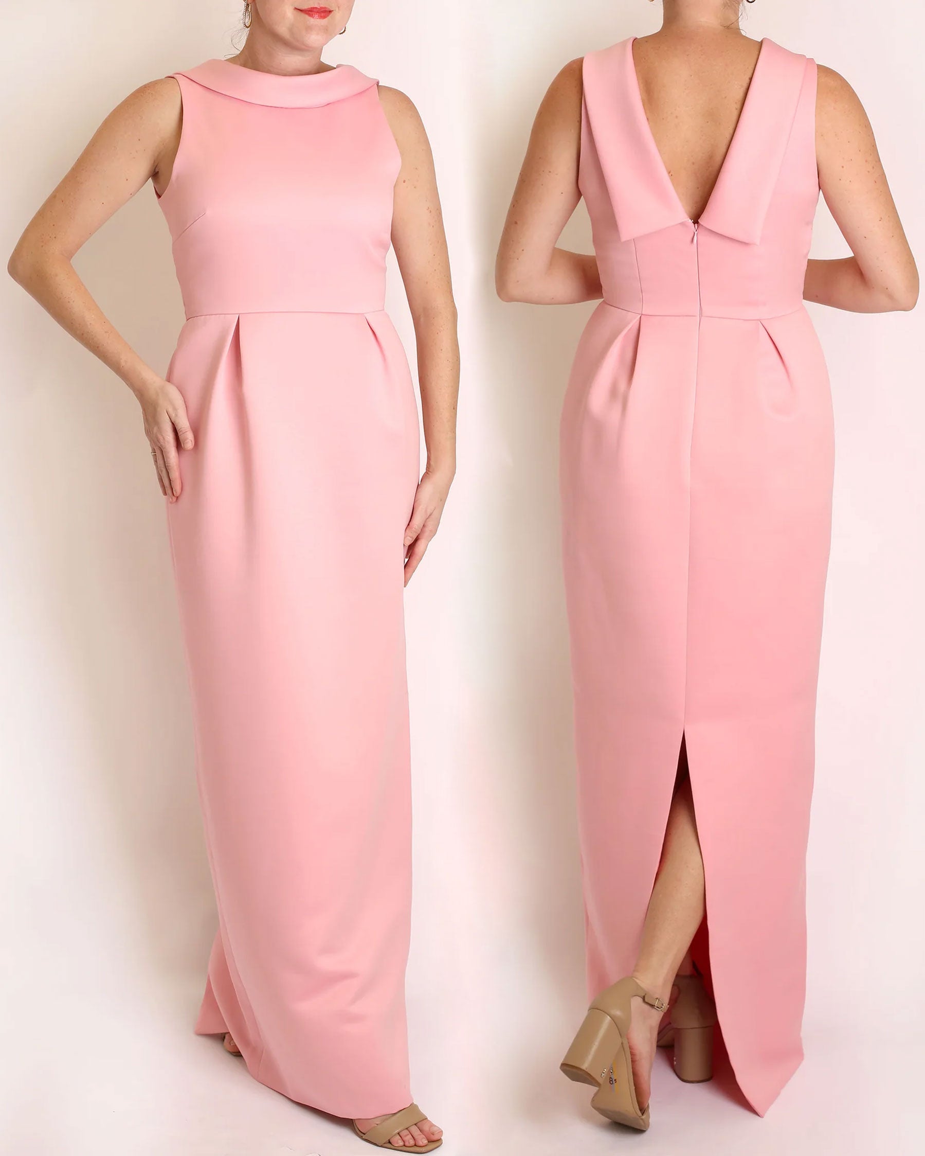 A floor-length sleeveless Pink Matte Satin gown with a rolled collar neckline and a V-back detail.