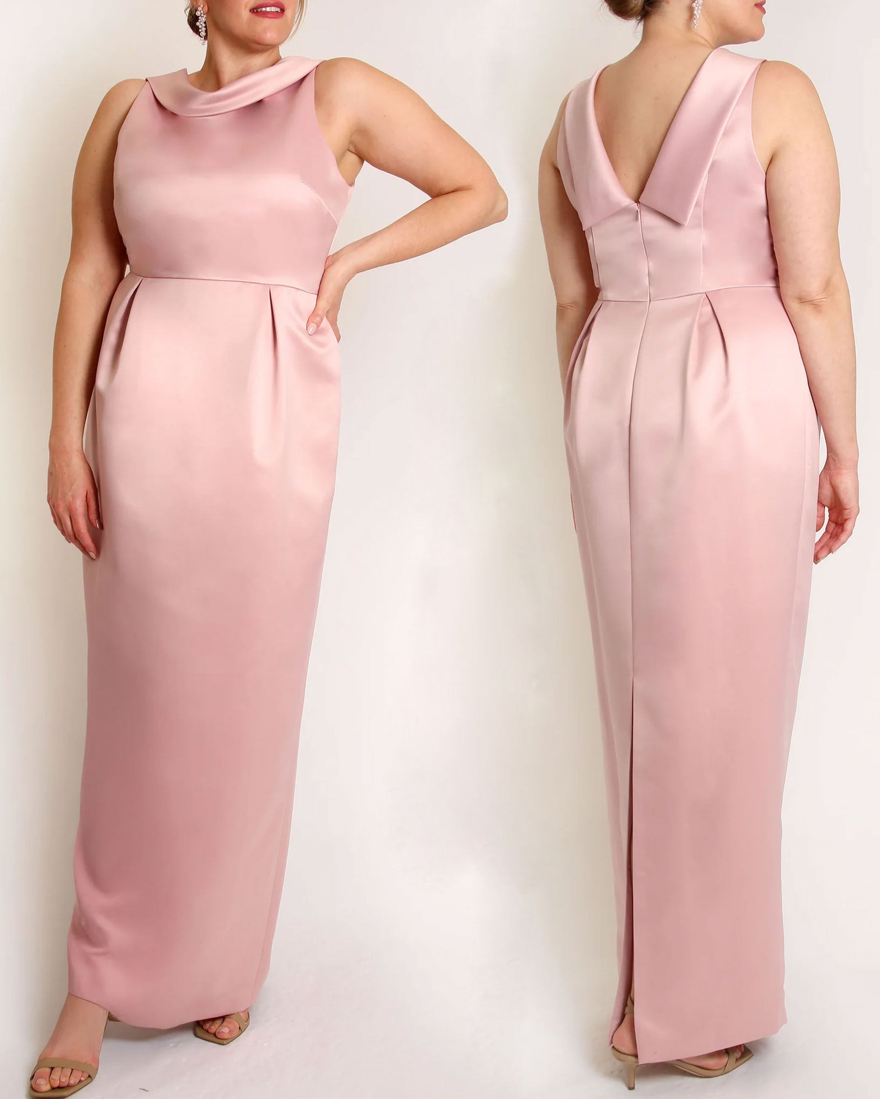 A floor-length sleeveless Rose Satin gown with a rolled collar neckline and a V-back detail.