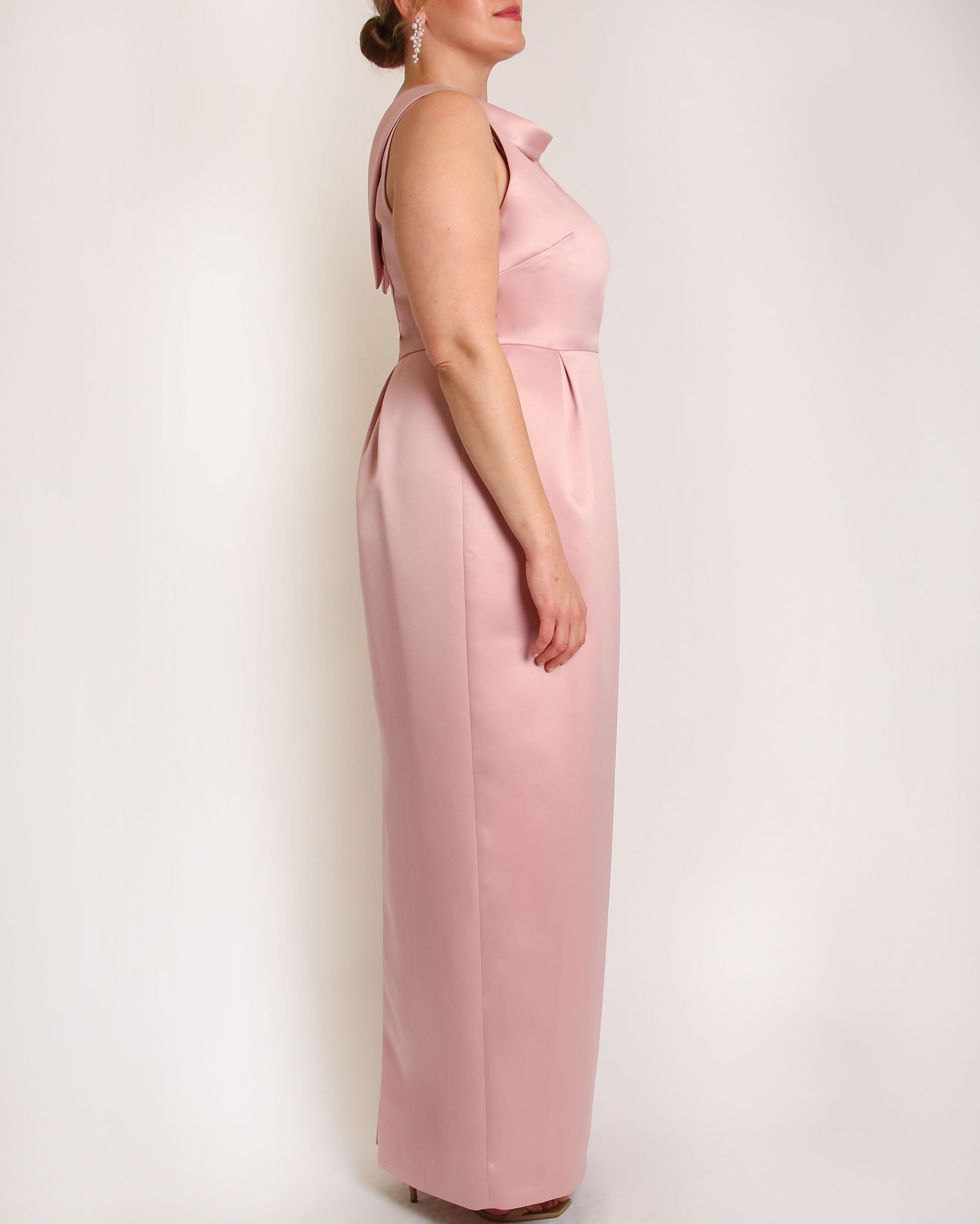 A floor-length sleeveless Rose Satin gown with a rolled collar neckline and a V-back detail.