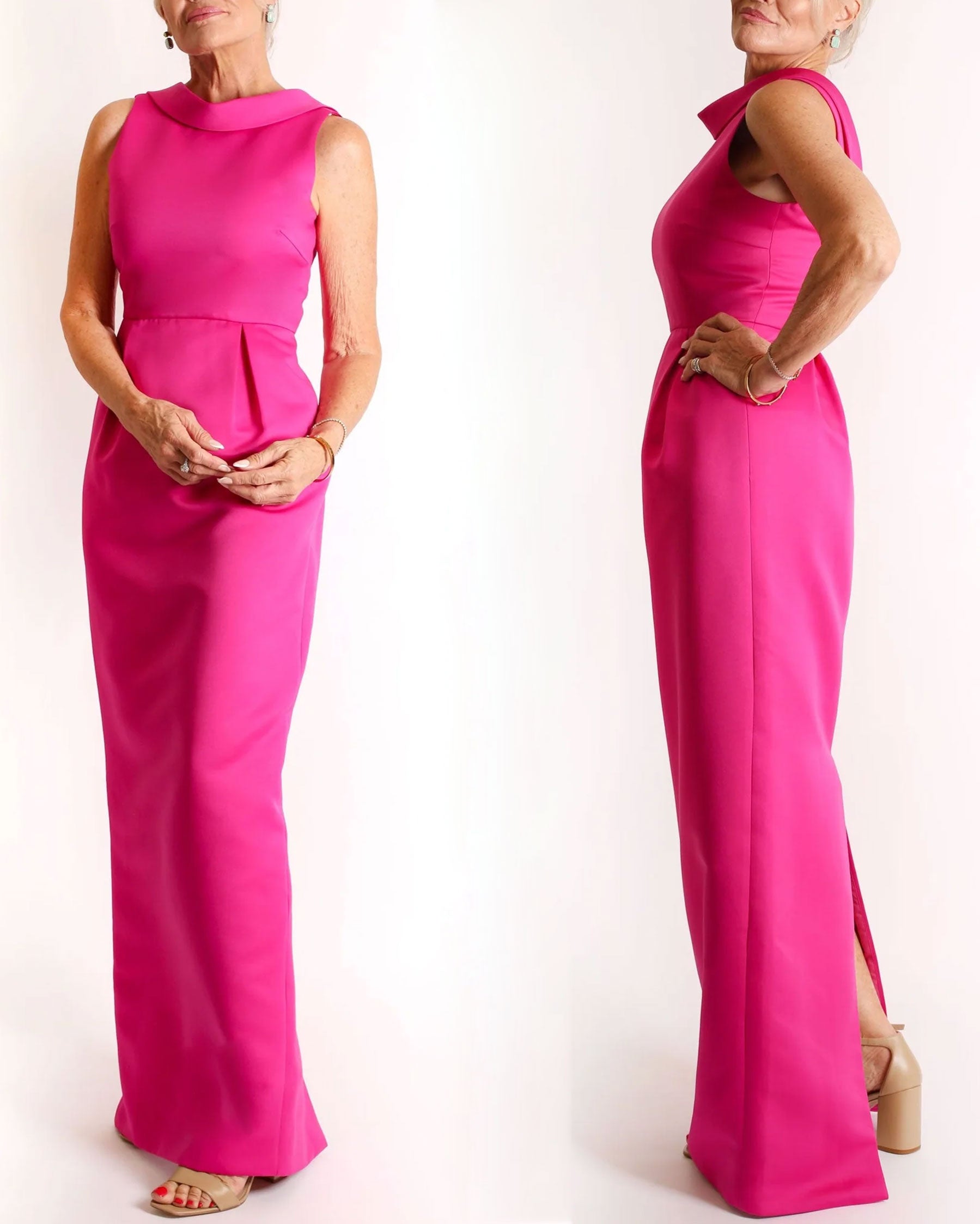 A floor-length sleeveless Fuchsia Matte Satin gown with a rolled collar neckline and a V-back detail.
