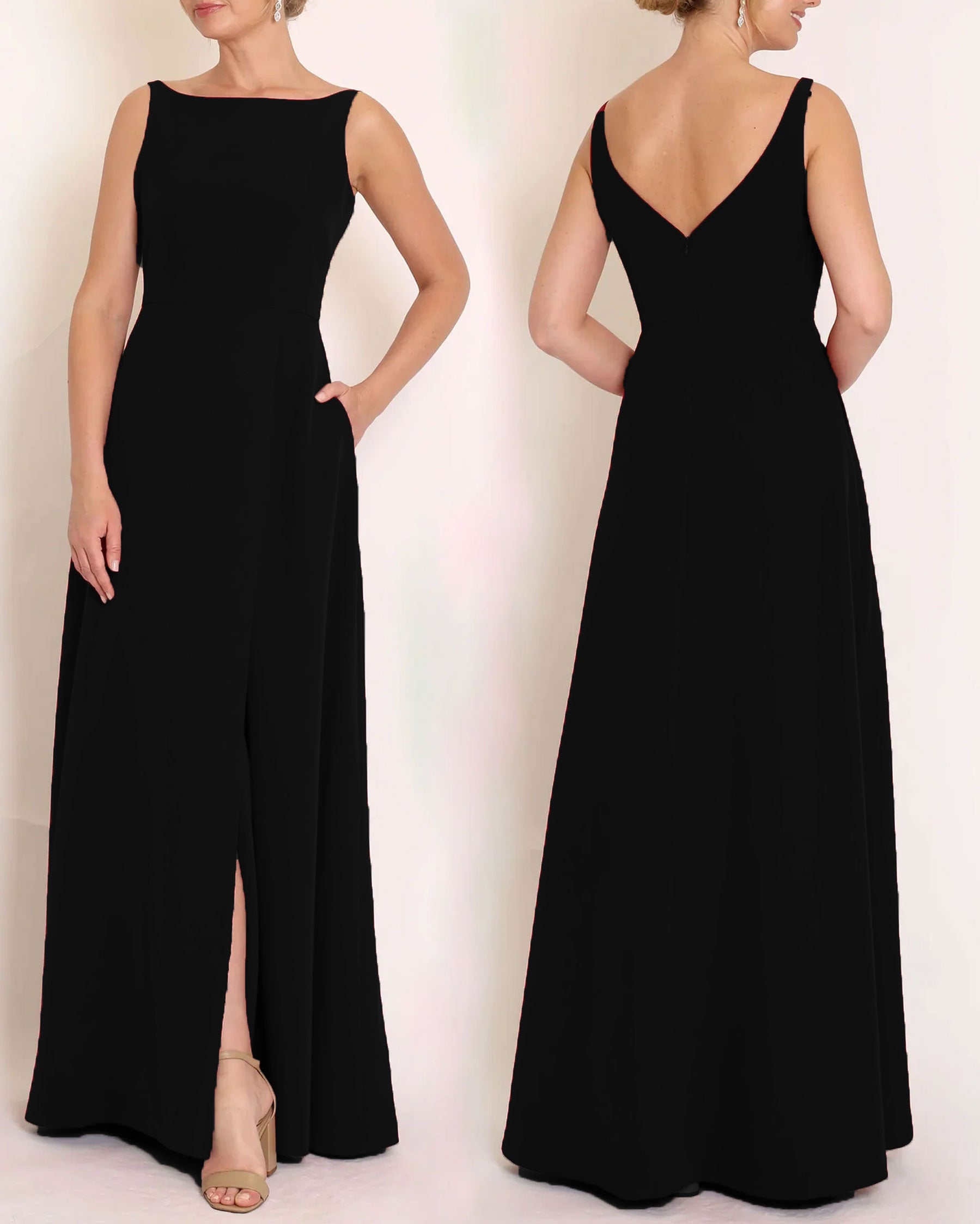 Black floor length evening gown with boat neck detail and v-back. A-line flared skirt with front side slit and pockets.