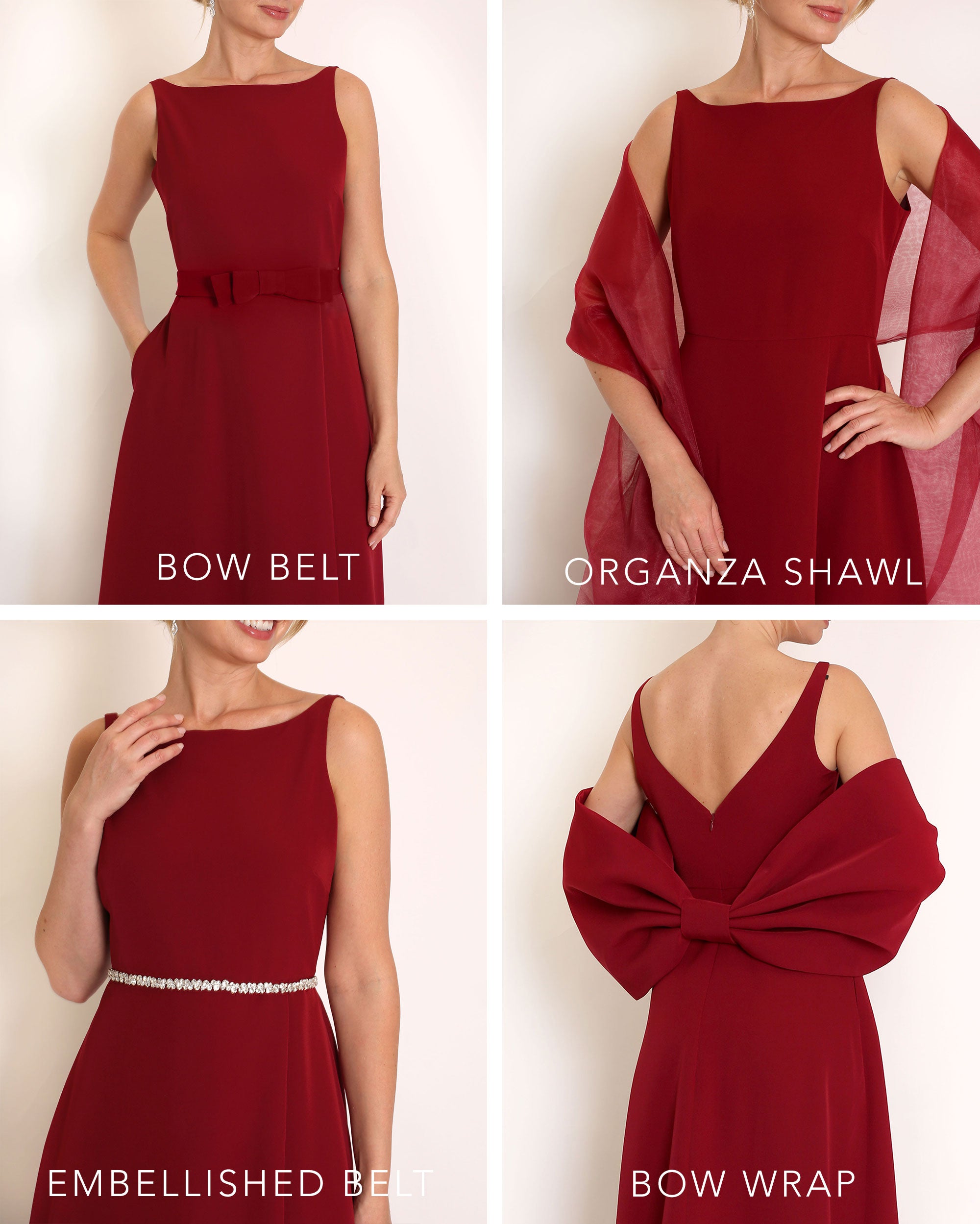Burgundy floor length evening gown with boat neck detail and v-back. A-line flared skirt with front side slit and pockets.