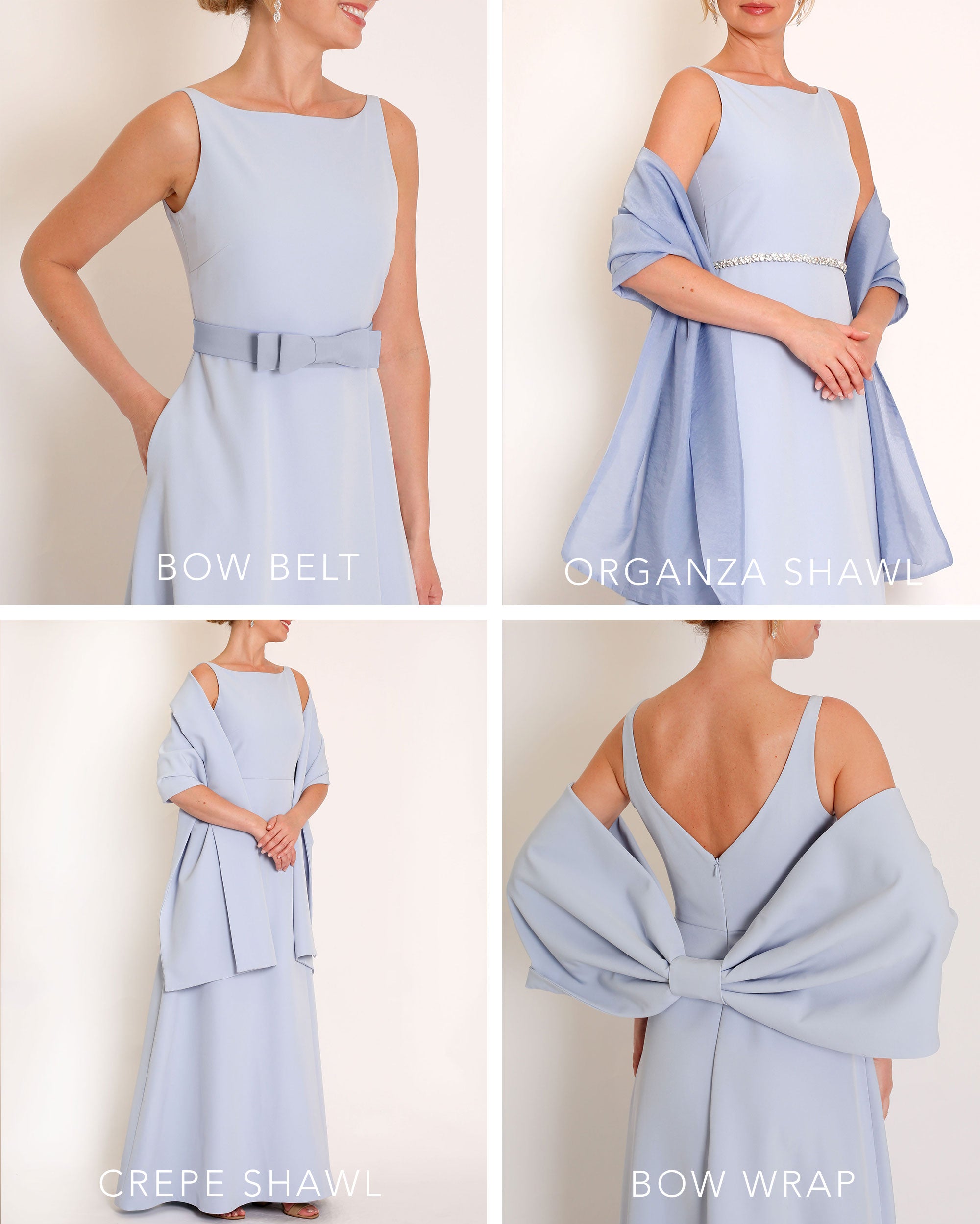 Light Blue floor length evening gown with boat neck detail and v-back. A-line flared skirt with front side slit and pockets.