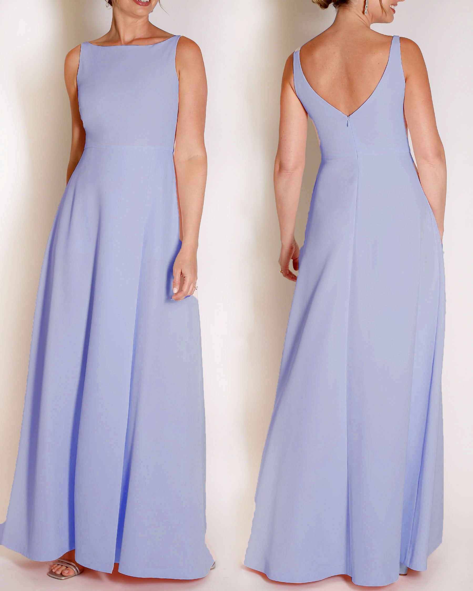 Periwinkle floor length evening gown with boat neck detail and v-back. A-line flared skirt with front side slit and pockets.