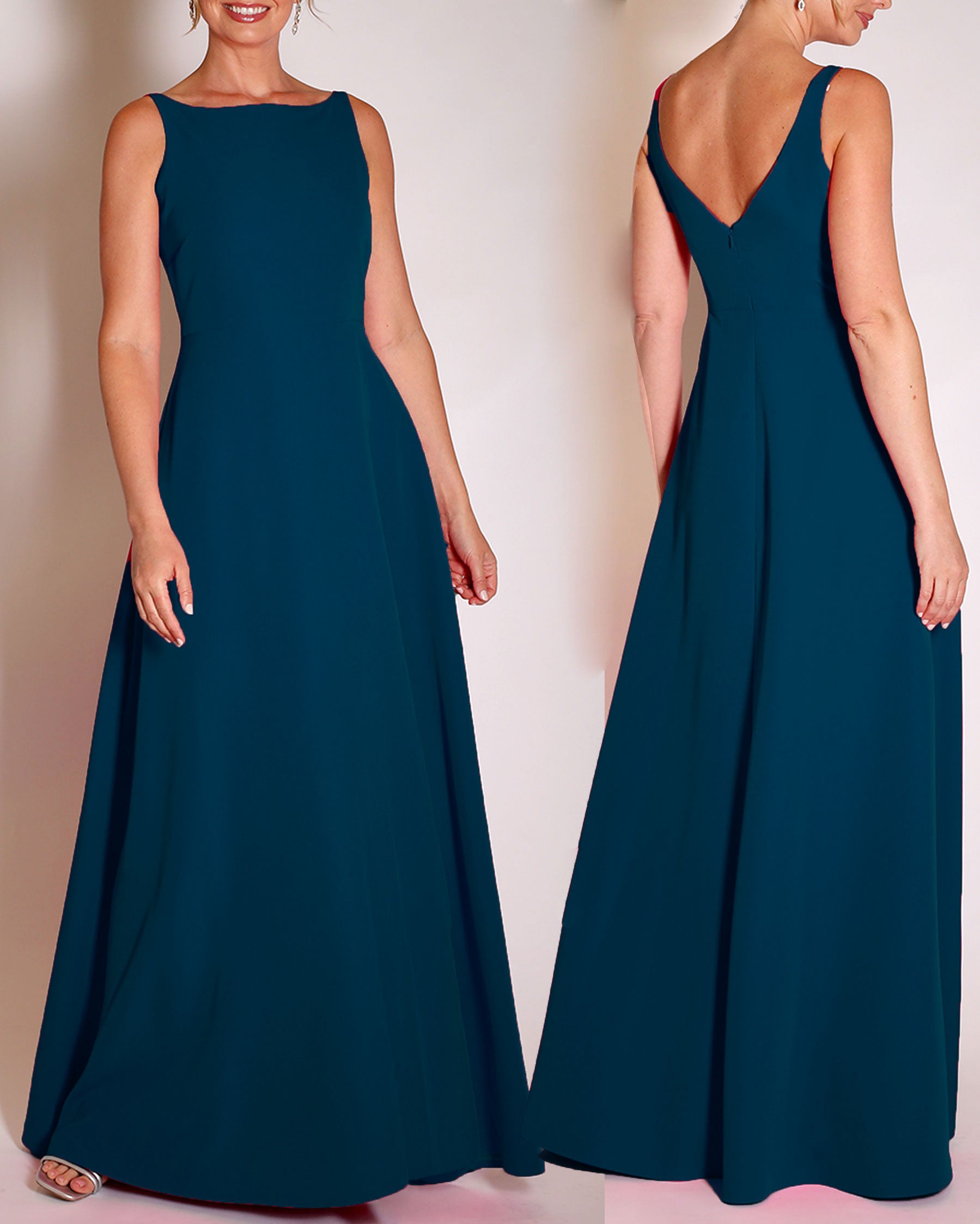 Teal floor length evening gown with boat neck detail and v-back. A-line flared skirt with front side slit and pockets.