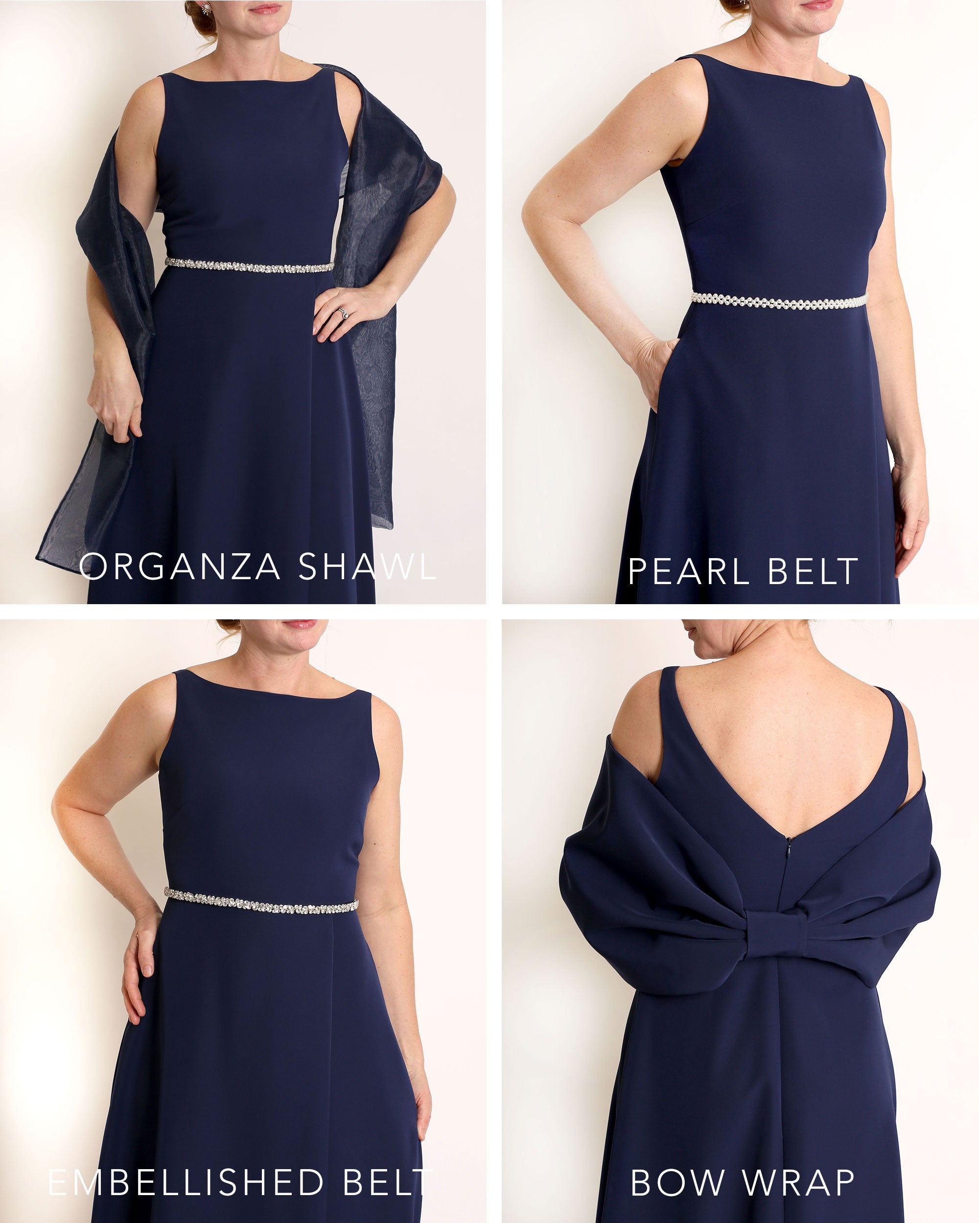 Navy Blue floor length evening gown with boat neck detail and v-back. A-line flared skirt with front side slit and pockets.