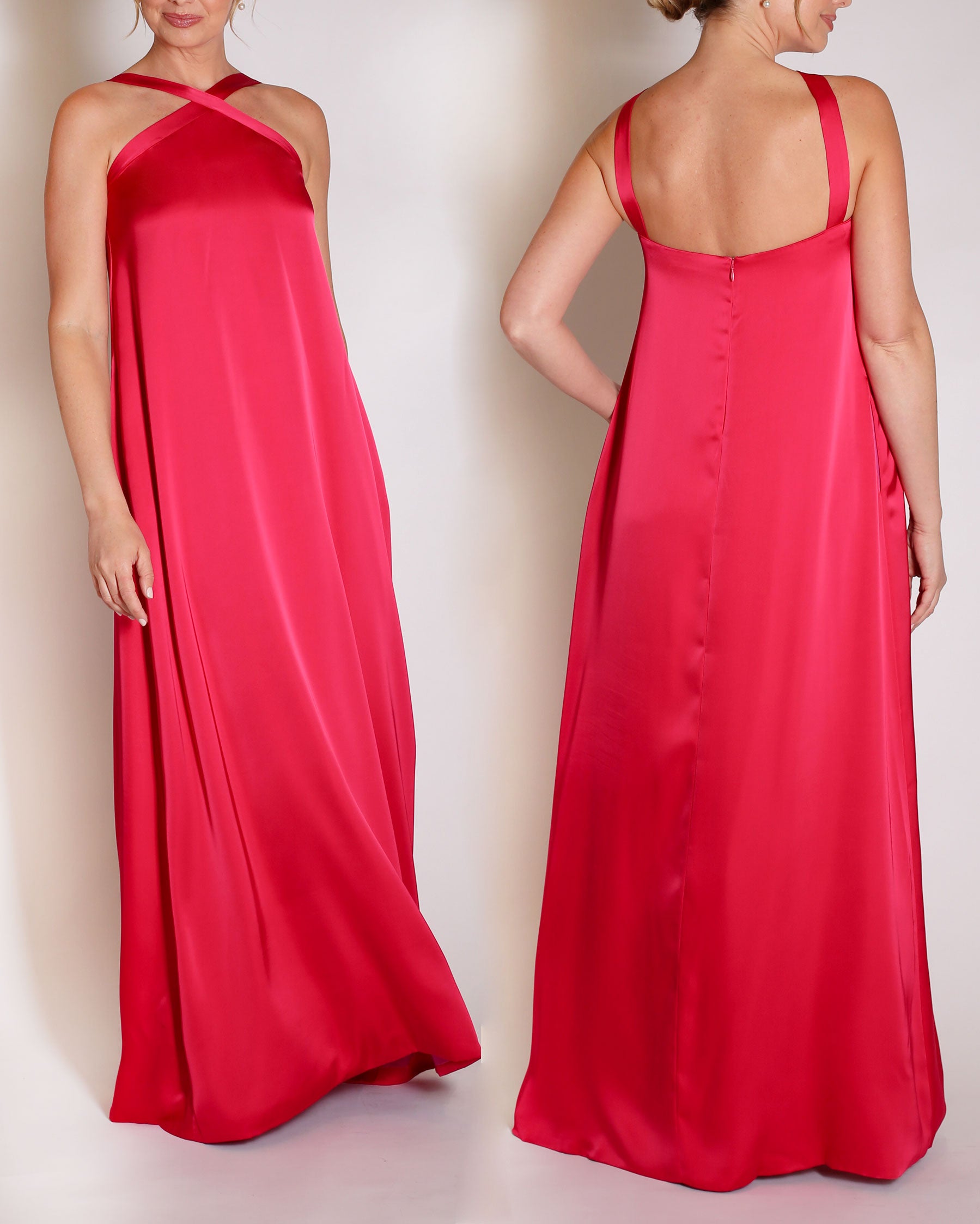 Berry Charmeuse gown halter style with x on the neckline.