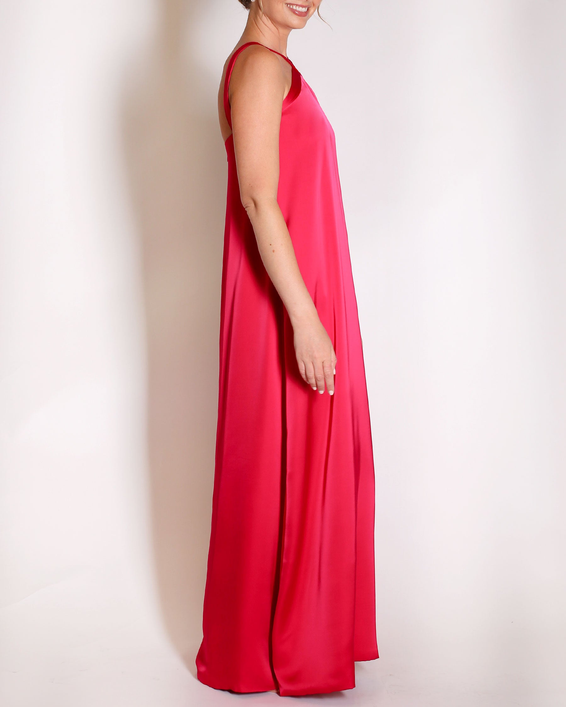 Berry Charmeuse gown halter style with x on the neckline.