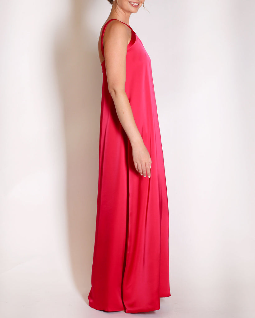 Berry Charmeuse gown halter style with x on the neckline.
