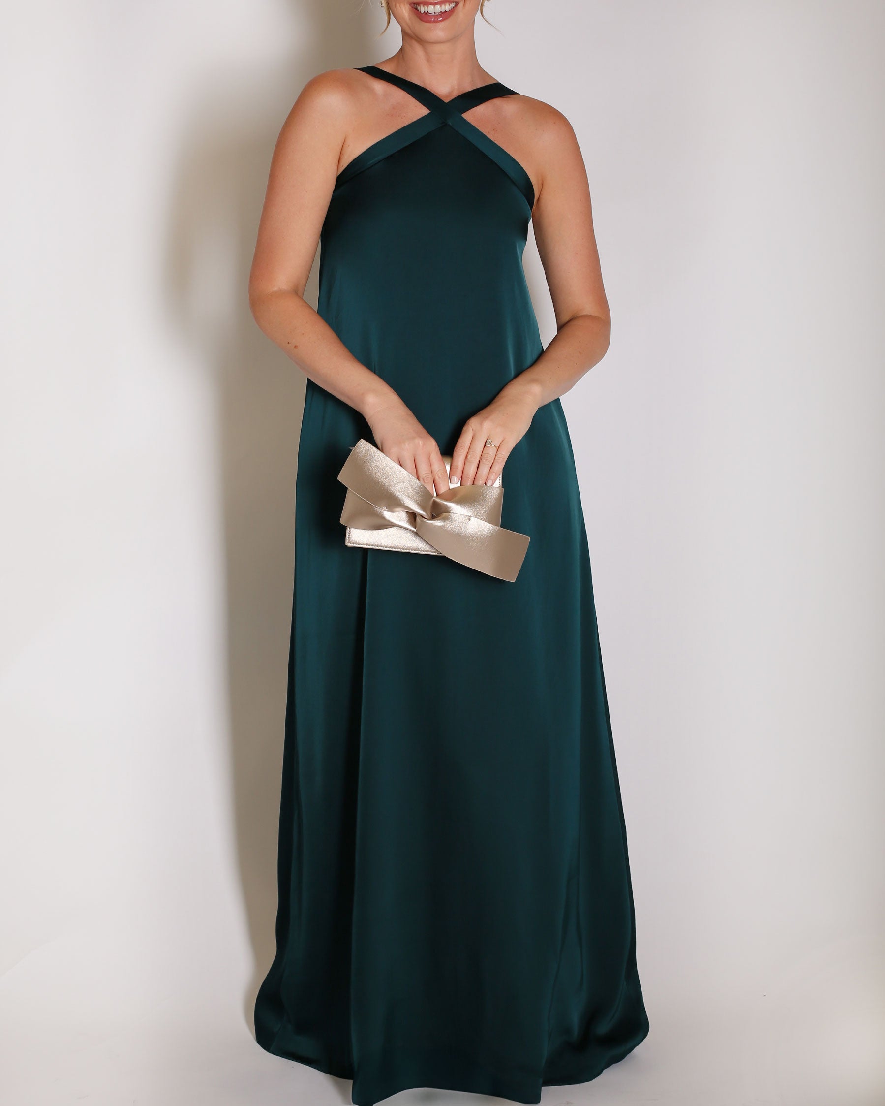 Evergreen Charmeuse gown halter style with x on the neckline.