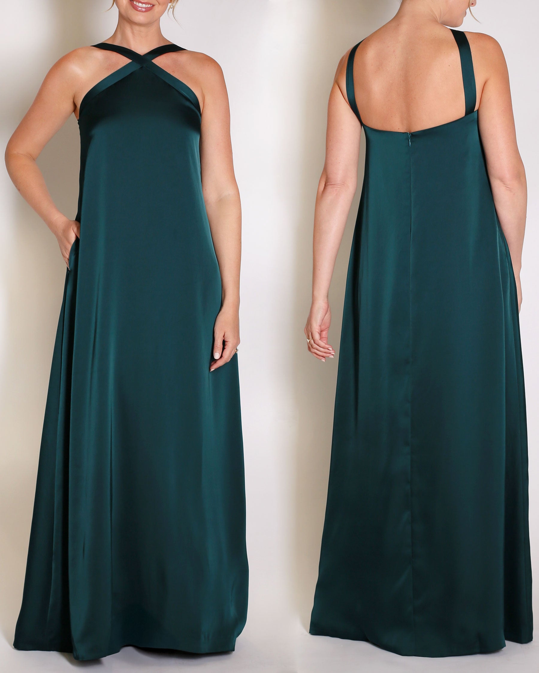 Evergreen Charmeuse gown halter style with x on the neckline.