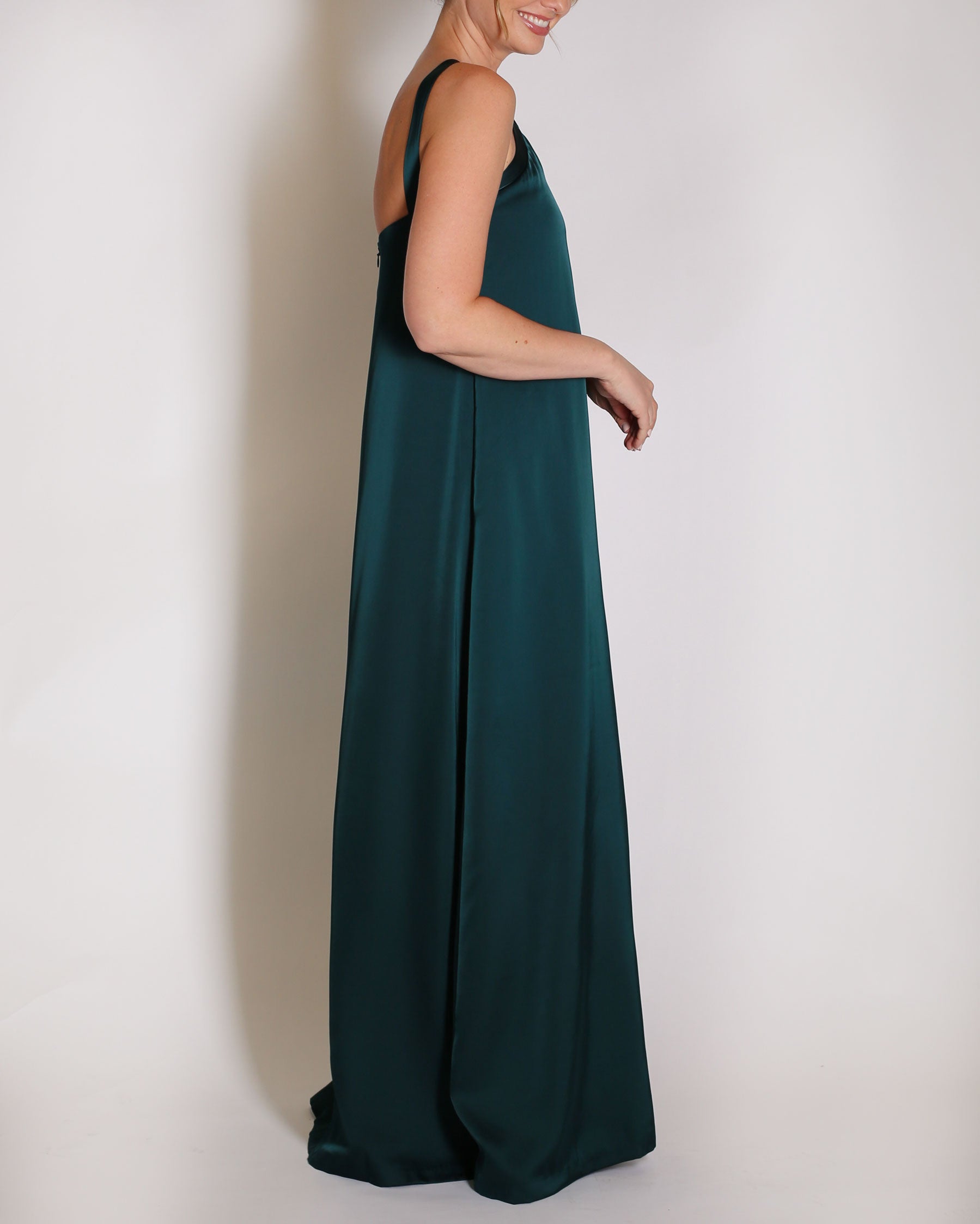 Evergreen Charmeuse gown halter style with x on the neckline.