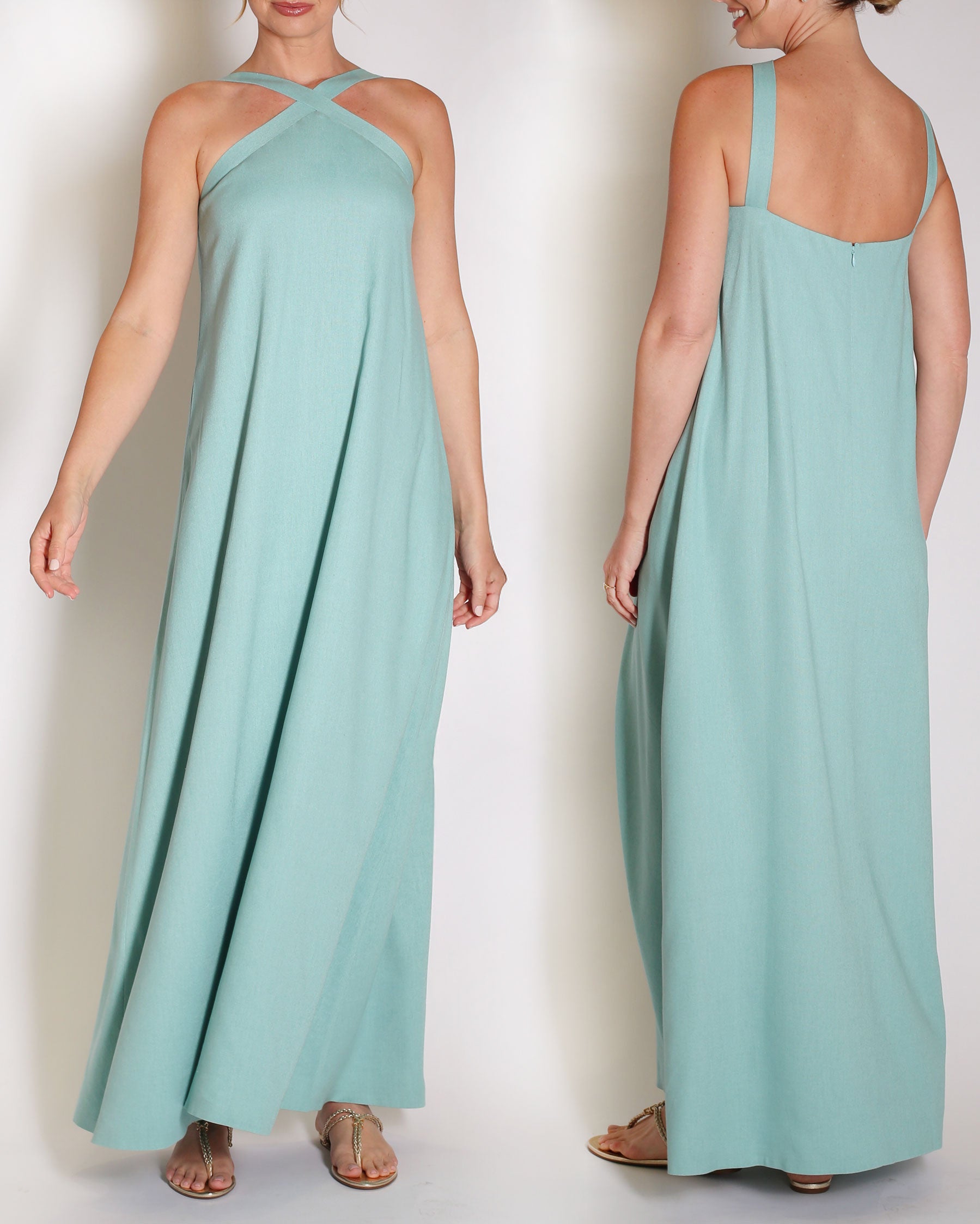 Aqua Blue linen gown halter style with x on the neckline.