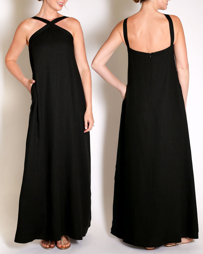 Black linen gown halter style with x on the neckline.
