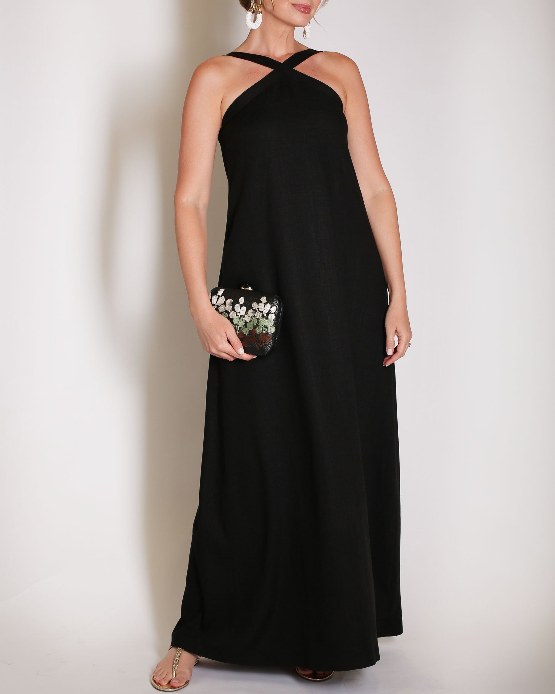 Black linen gown halter style with x on the neckline.