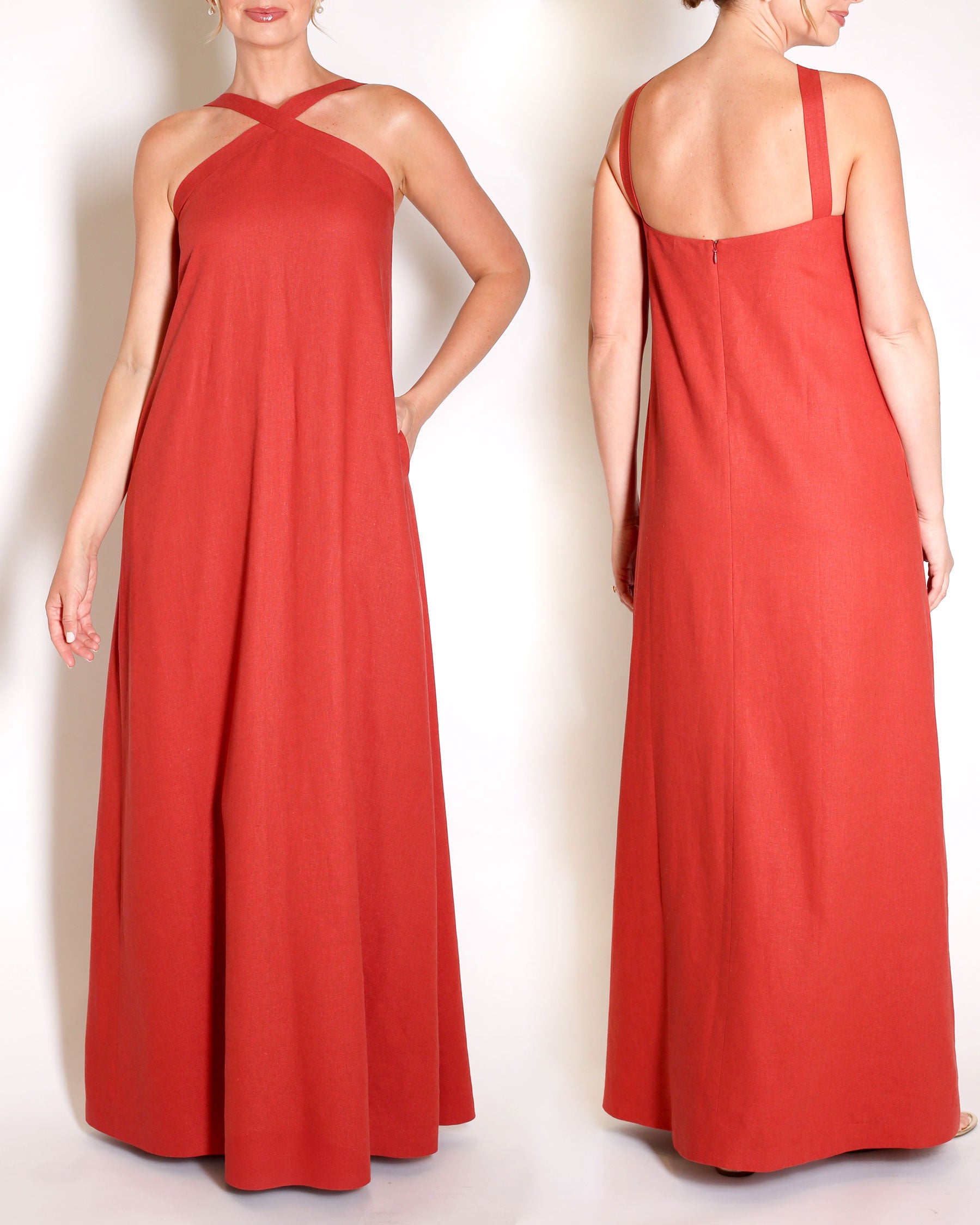 Terracotta linen gown halter style with x on the neckline.