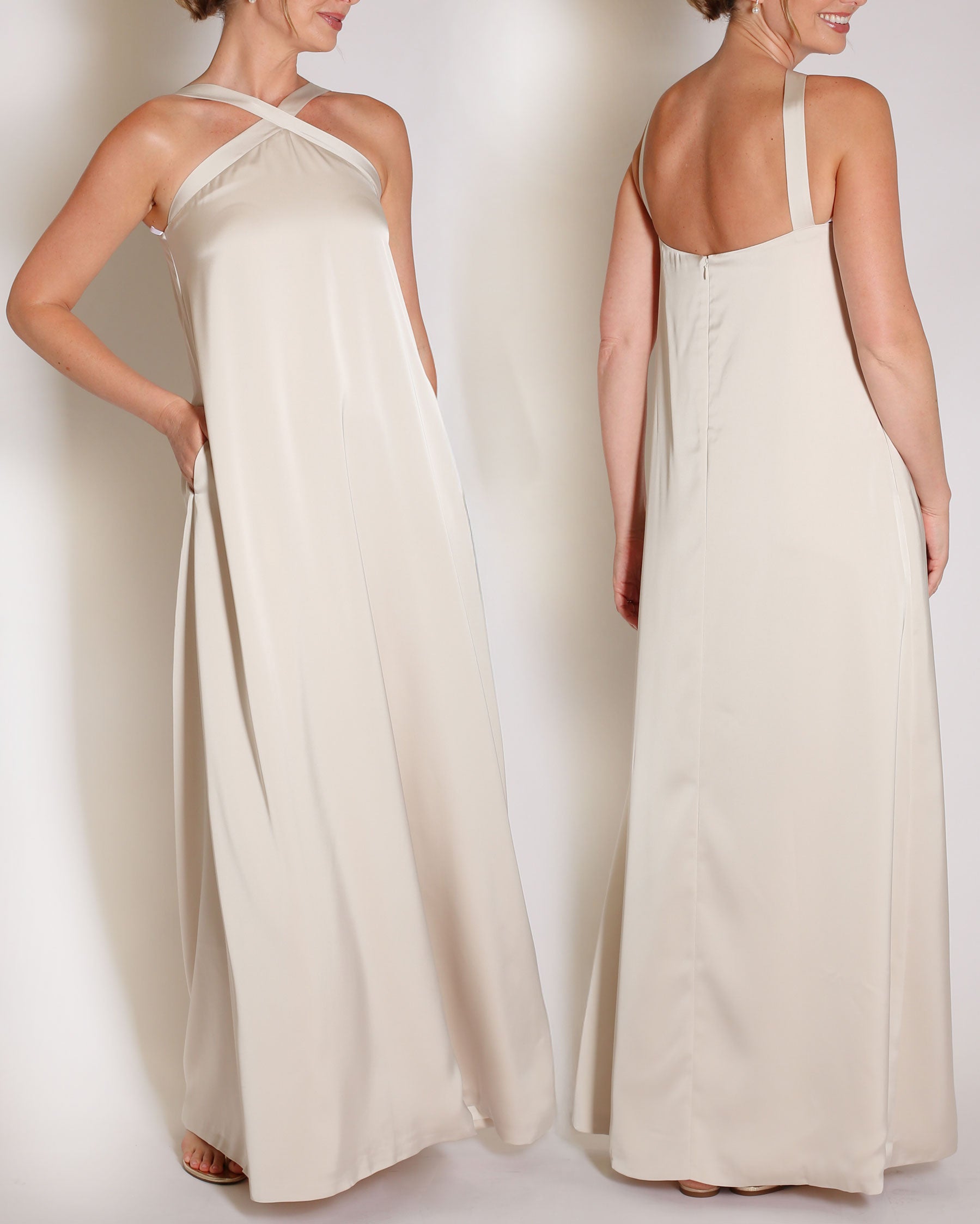 Champagne Charmeuse gown halter style with x on the neckline.