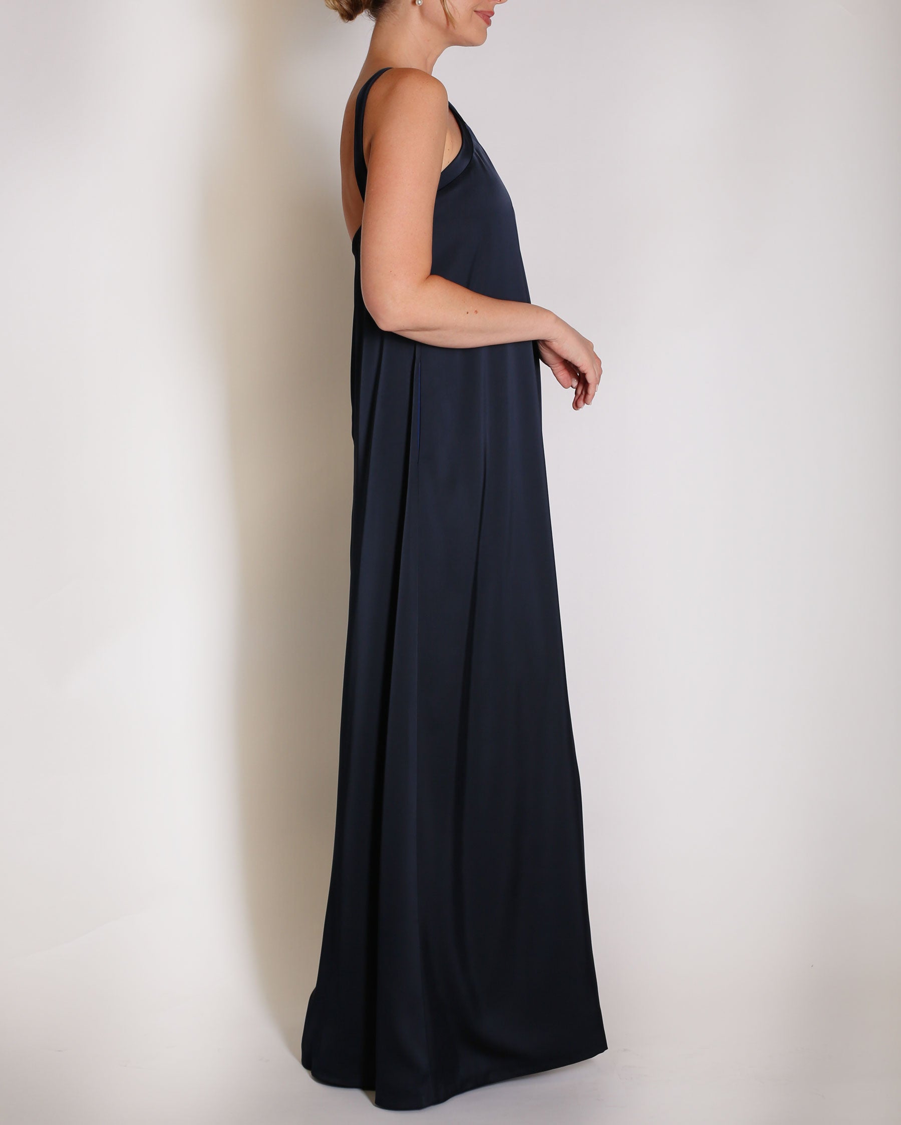 Navy Charmeuse gown halter style with x on the neckline.