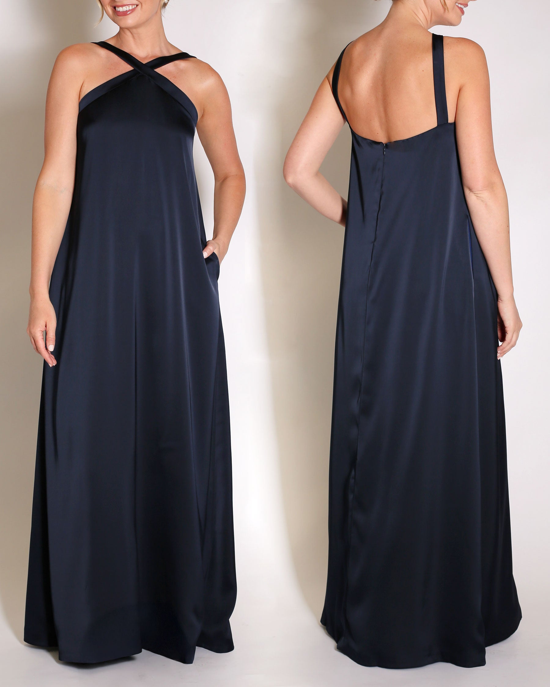Navy Charmeuse gown halter style with x on the neckline.