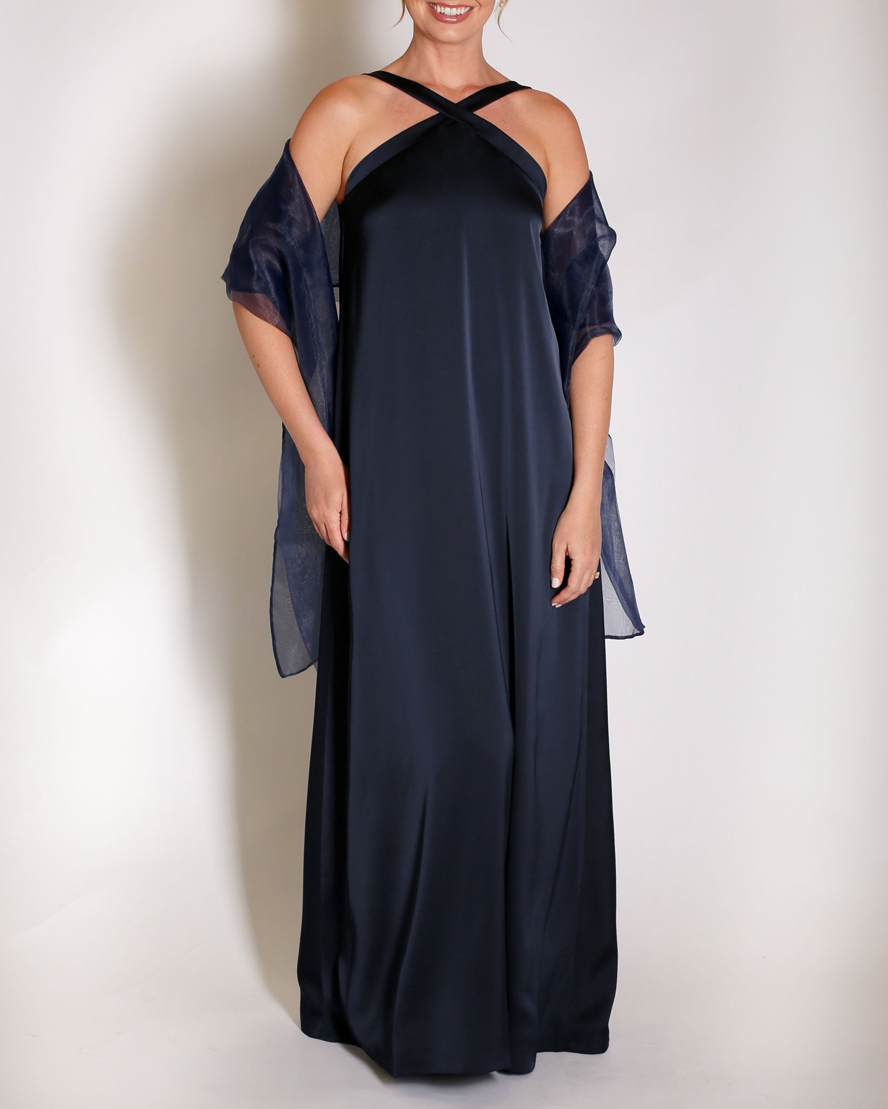 Navy Charmeuse gown halter style with x on the neckline.