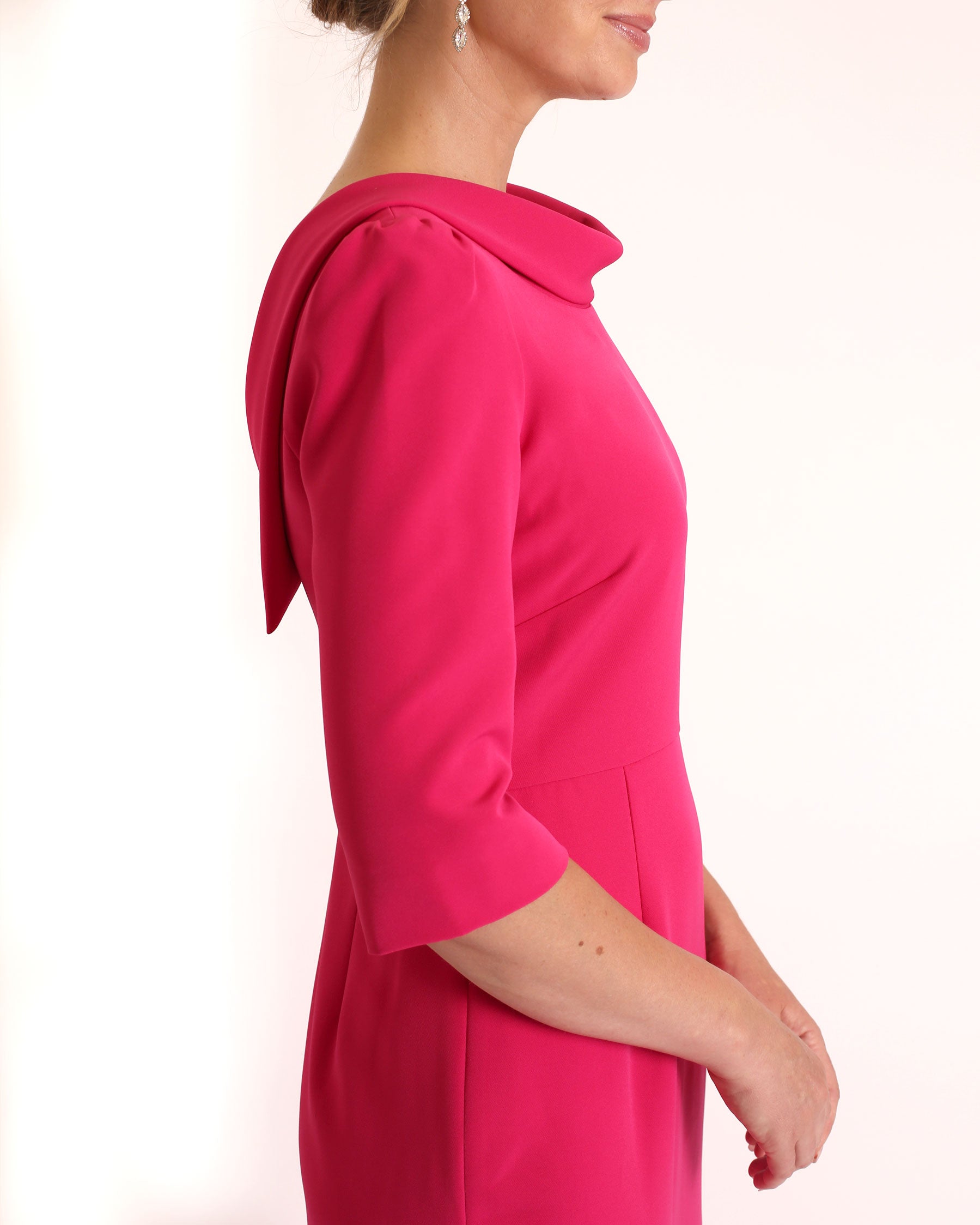 The Rosemary Gown in Berry stretch crepe sheath dress with 3/4 sleeves and v-back detail by Camilyn Beth